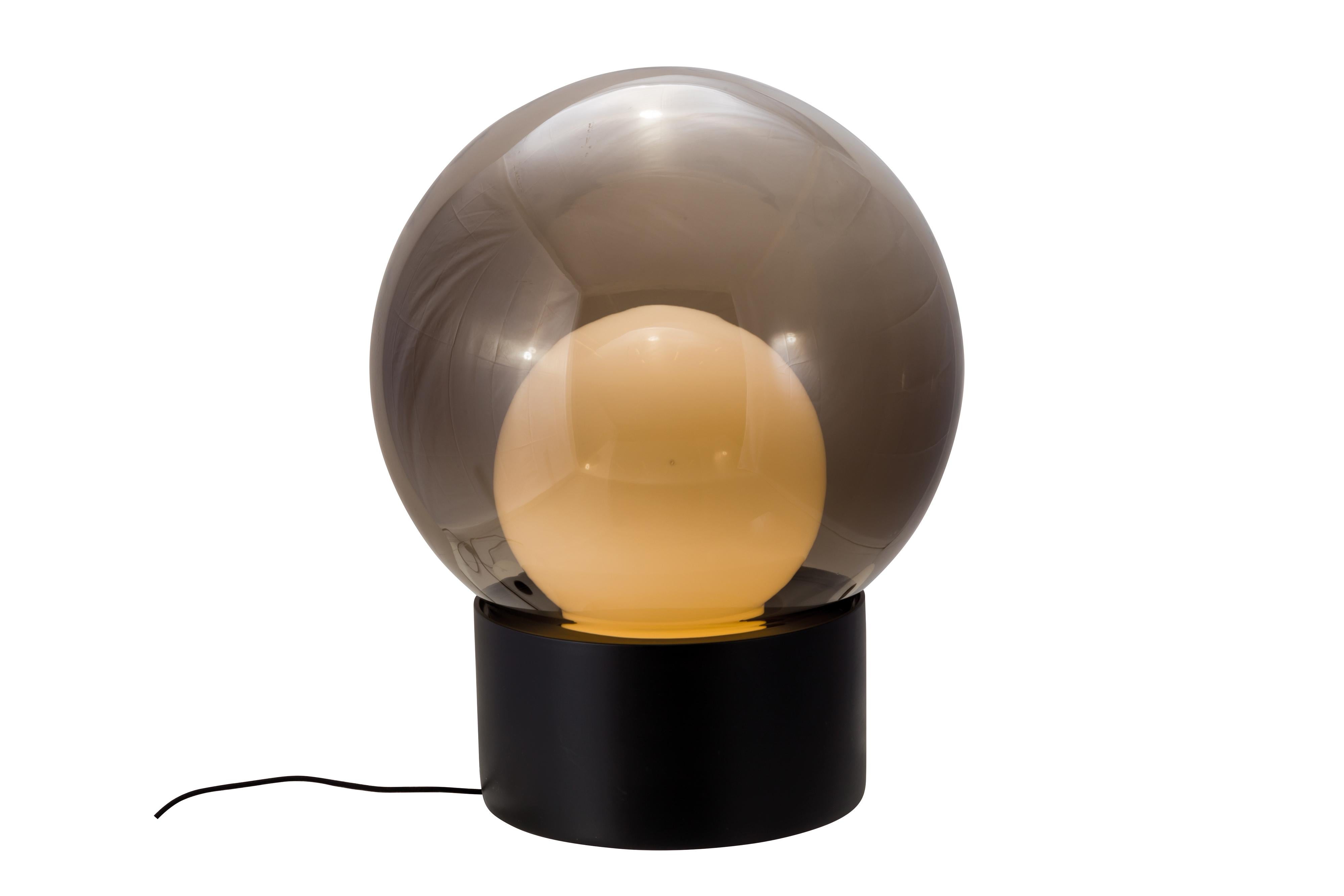 Boule medium smoky grey opal white black floor lamp by Pulpo.
Dimensions: D58 x H74cm.
Materials: ceramic, handblown glass, coloured, textile.

Also available in different finishes: transparent opal white black, transparent smoky grey black,