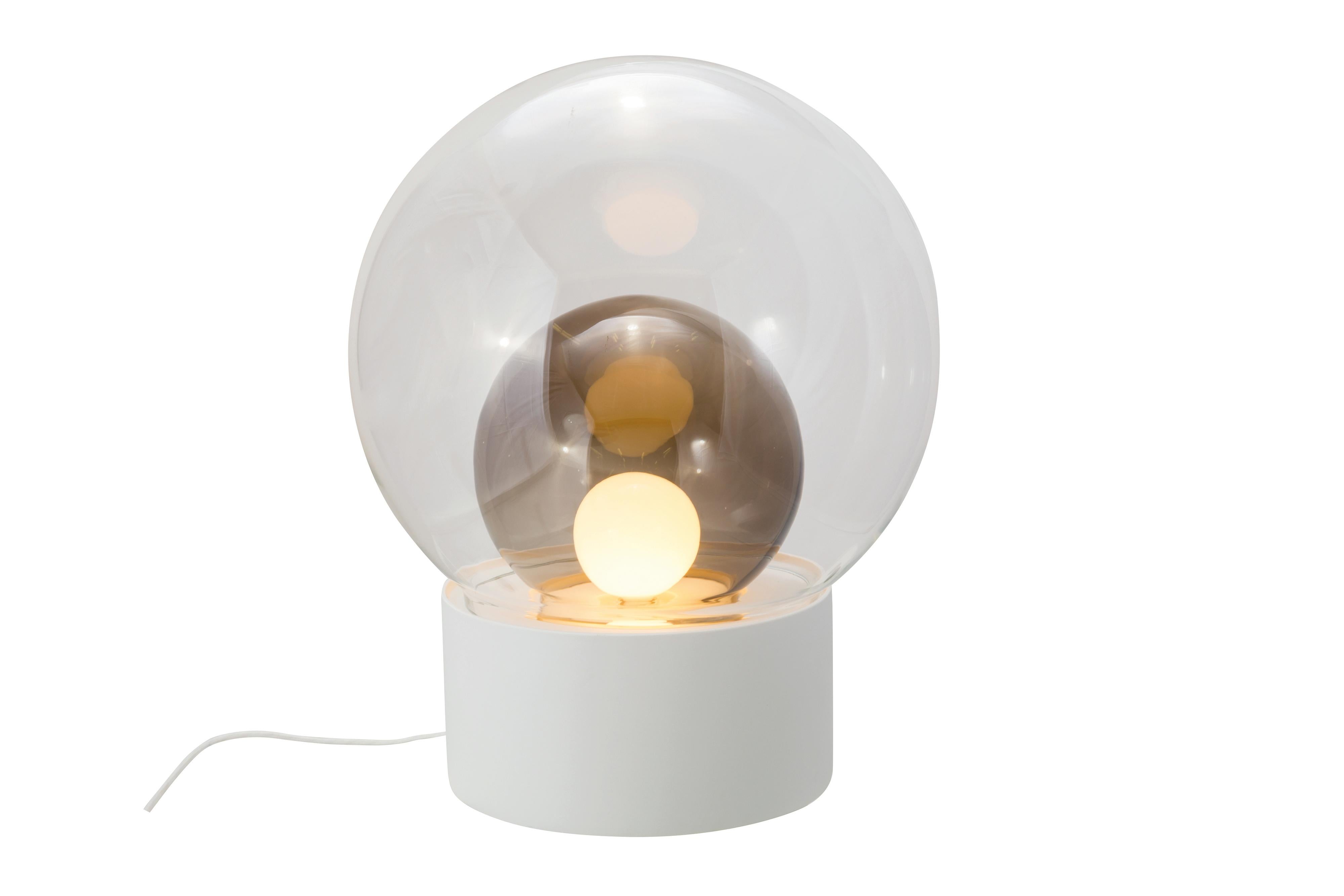Boule medium transparent smoky grey white floor lamp by Pulpo.
Dimensions: D58 x H74cm.
Materials: ceramic, handblown glass, coloured, textile.

Also available in different finishes: transparent opal white black, transparent smoky grey black,