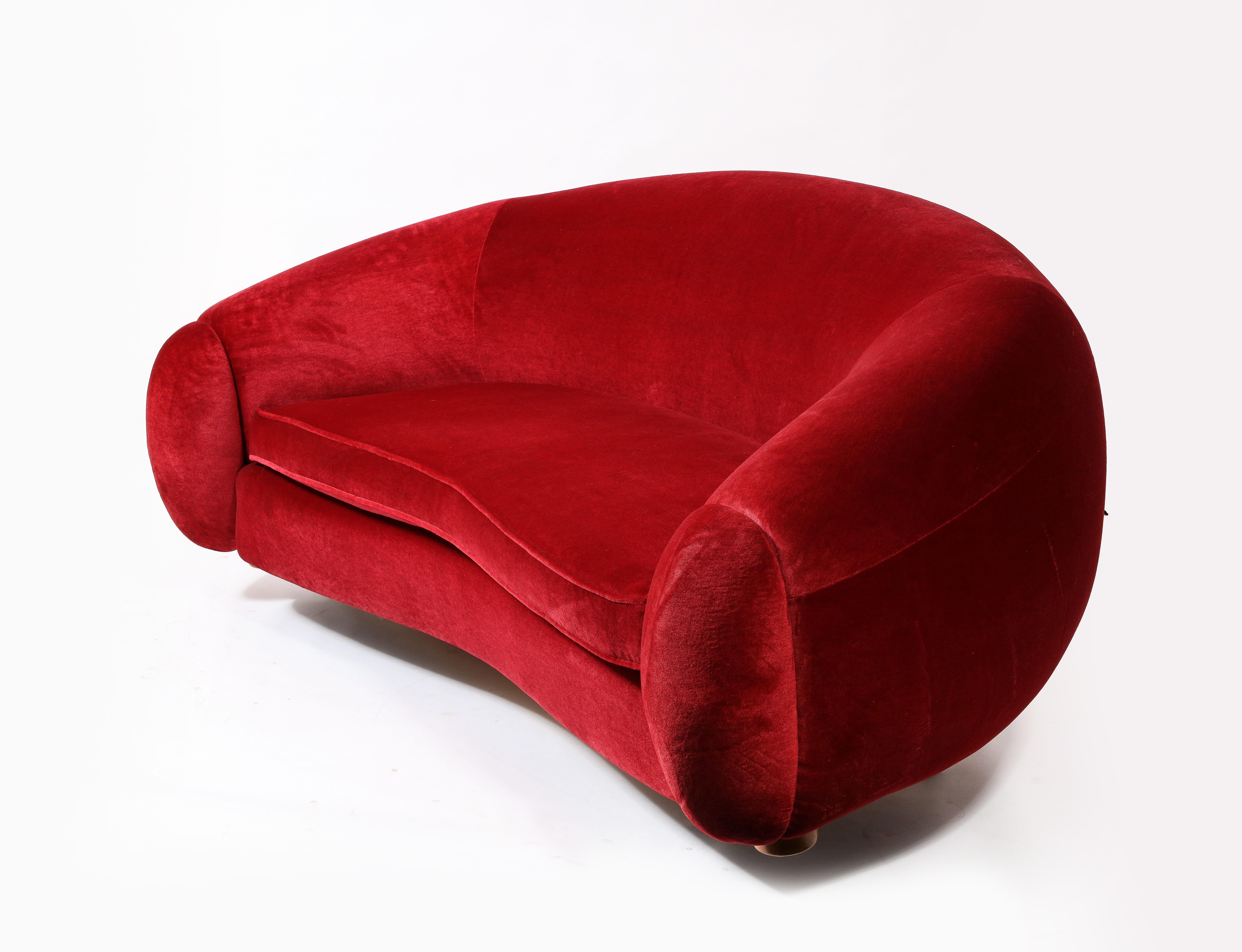 Jean Royère Style Boule Sofa  in Red Mohair, France 1980's 3