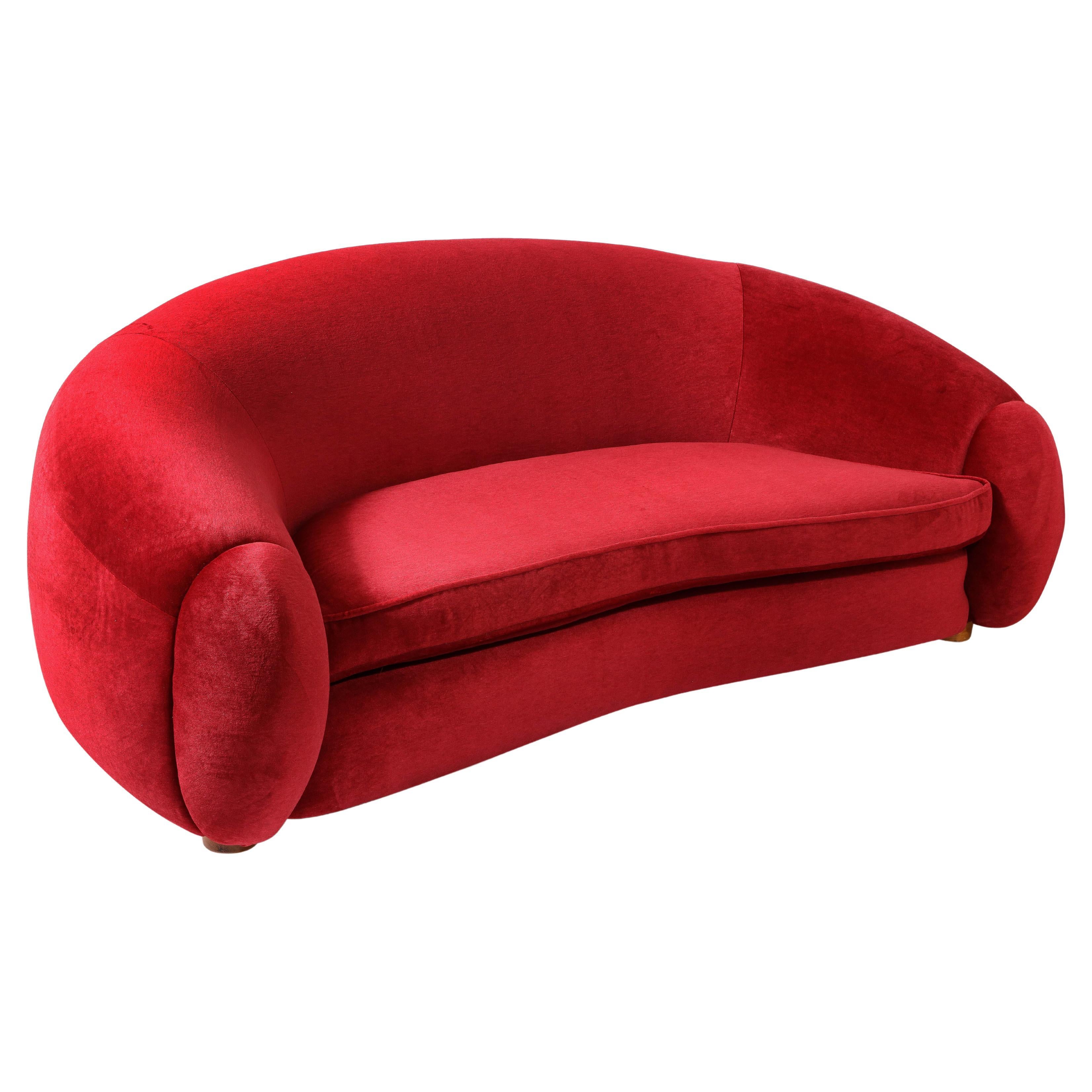 Jean Royère Style Boule Sofa  in Red Mohair, France 1980's
