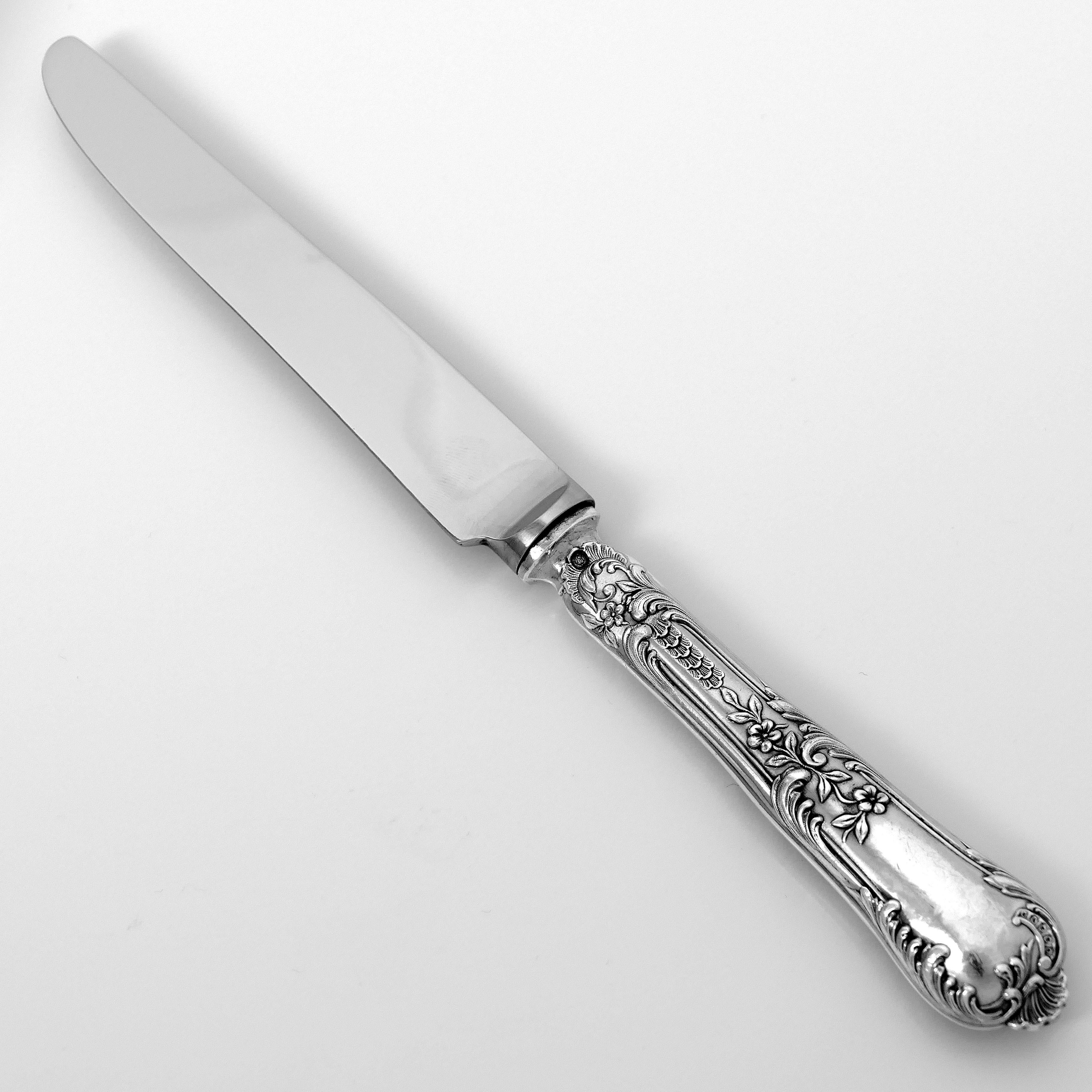 Art Nouveau Boulenger French Sterling Silver Dinner Knife Set 12 Piece New Stainless Blades For Sale