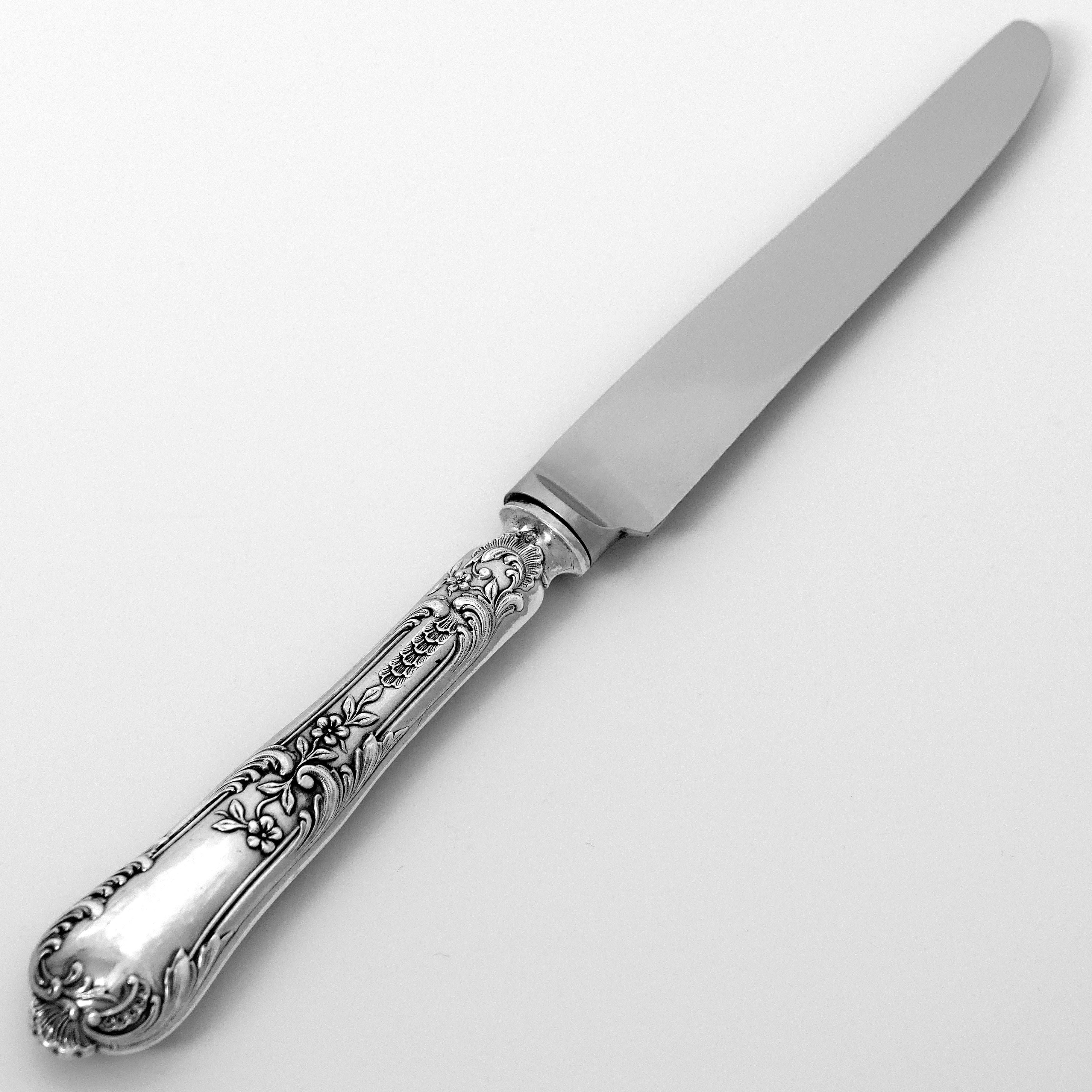 Late 19th Century Boulenger French Sterling Silver Dinner Knife Set 12 Piece New Stainless Blades For Sale