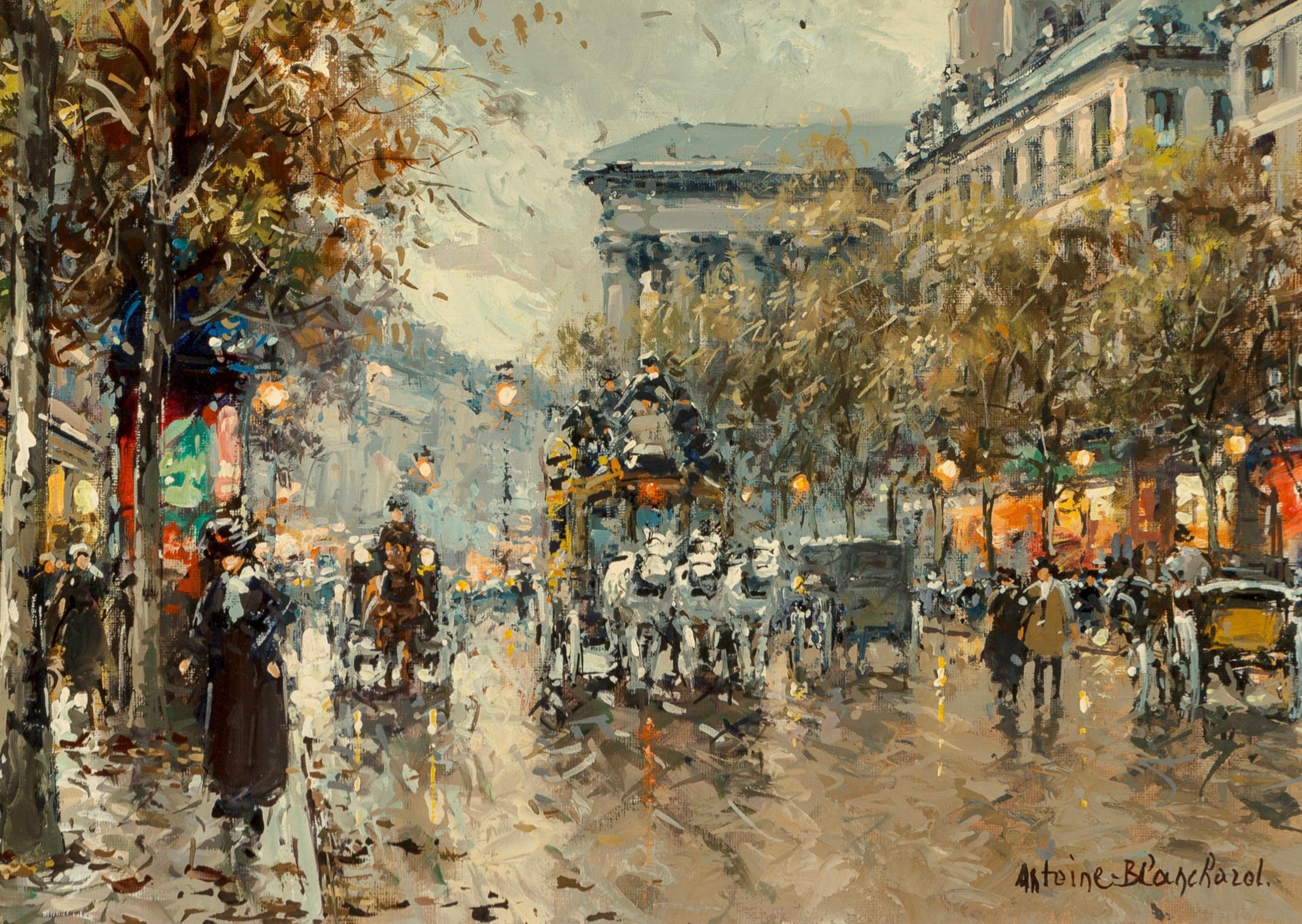 Antoine Blanchard (French, 1910-1988)
Boulevard de la Madeleine
Oil on canvas
Measures: 18 x 21 inches (45.7 x 53.3 cm)
Framed: 24 X 27.5 Inches
Signed lower right: Antoine Blanchard

This magnificent painting is not the standard 13x18 inches that