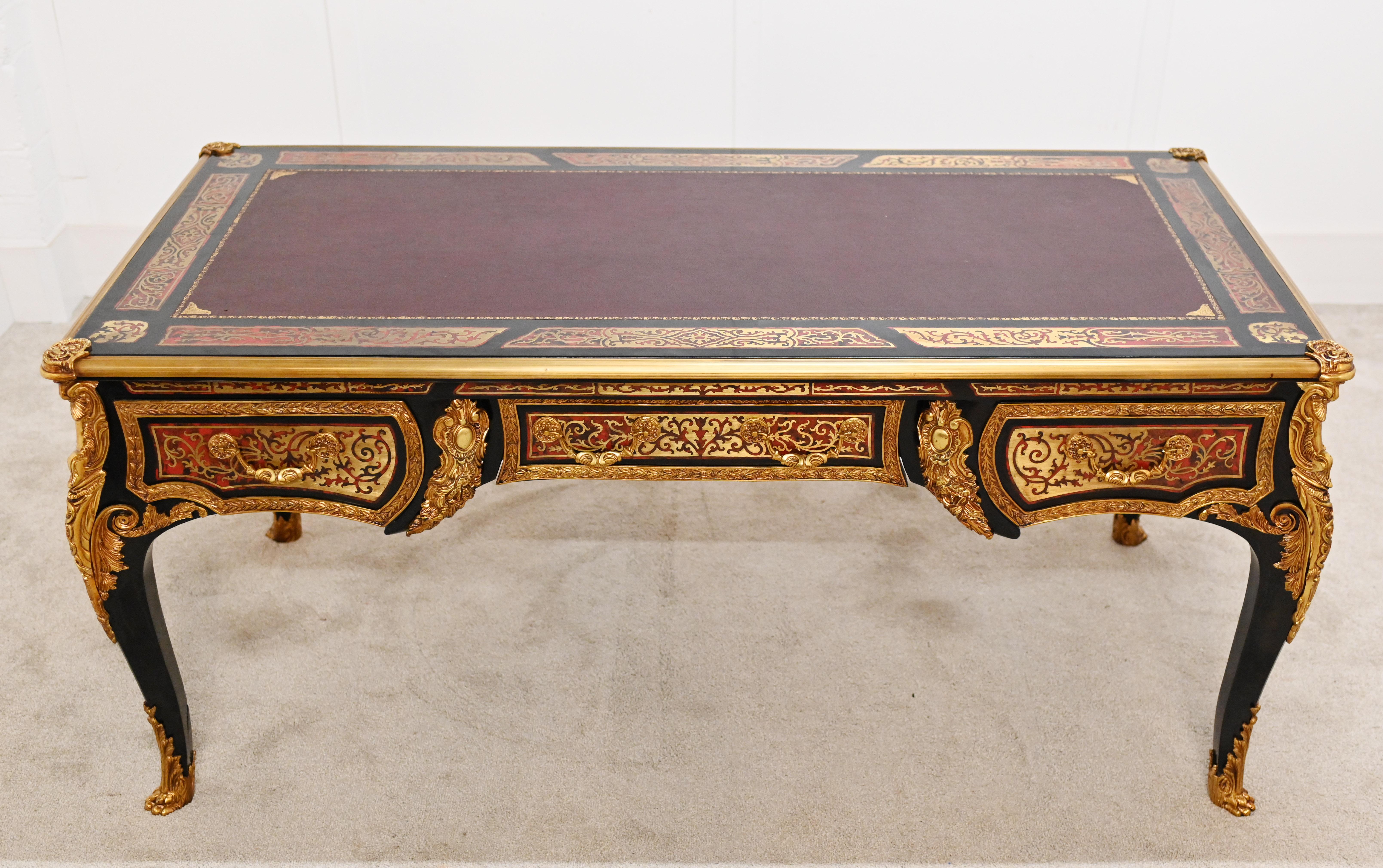 Late 20th Century Boulle Bureau Plat Desk French Marquetry Inlay For Sale