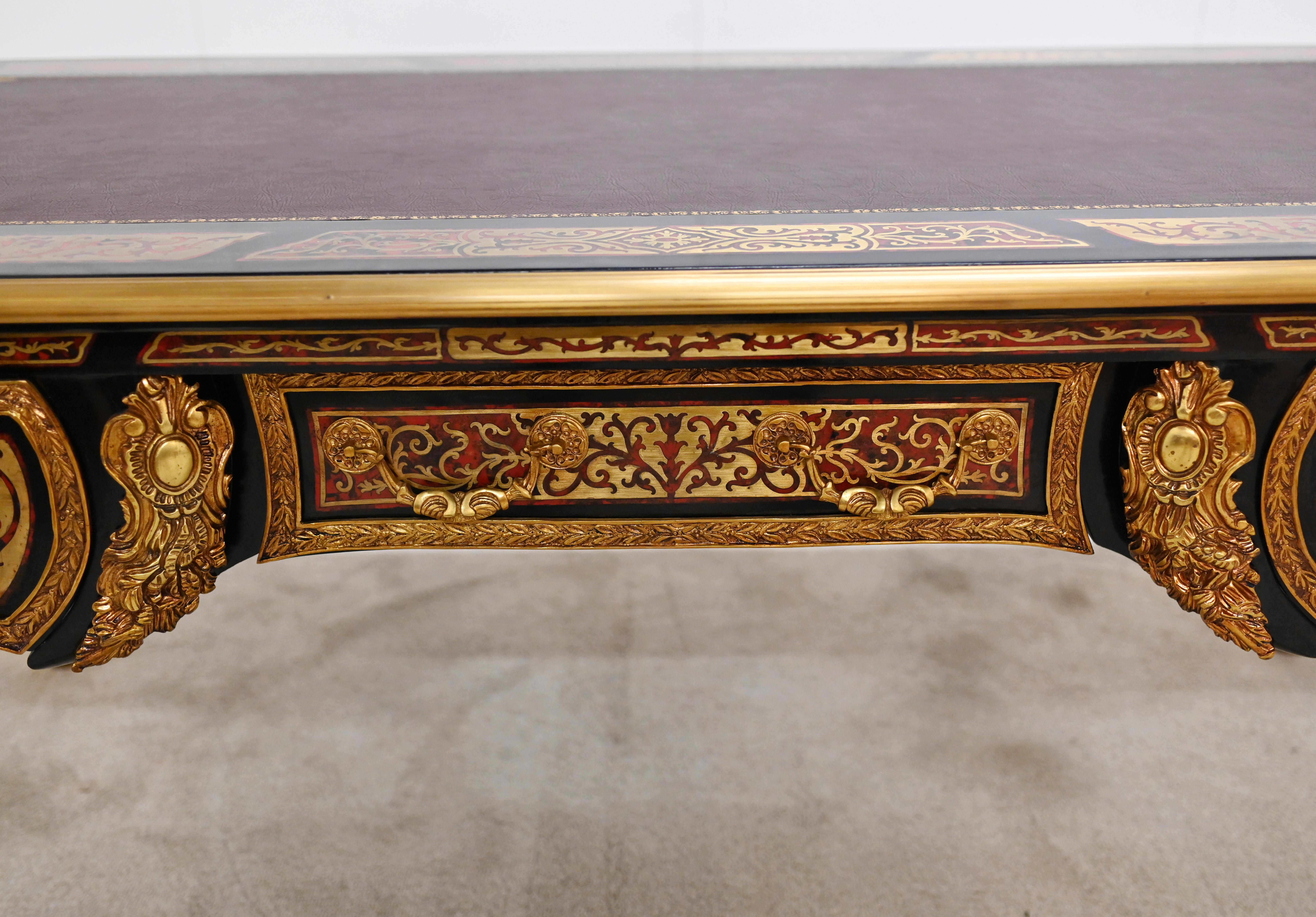 Brass Boulle Bureau Plat Desk French Marquetry Inlay For Sale