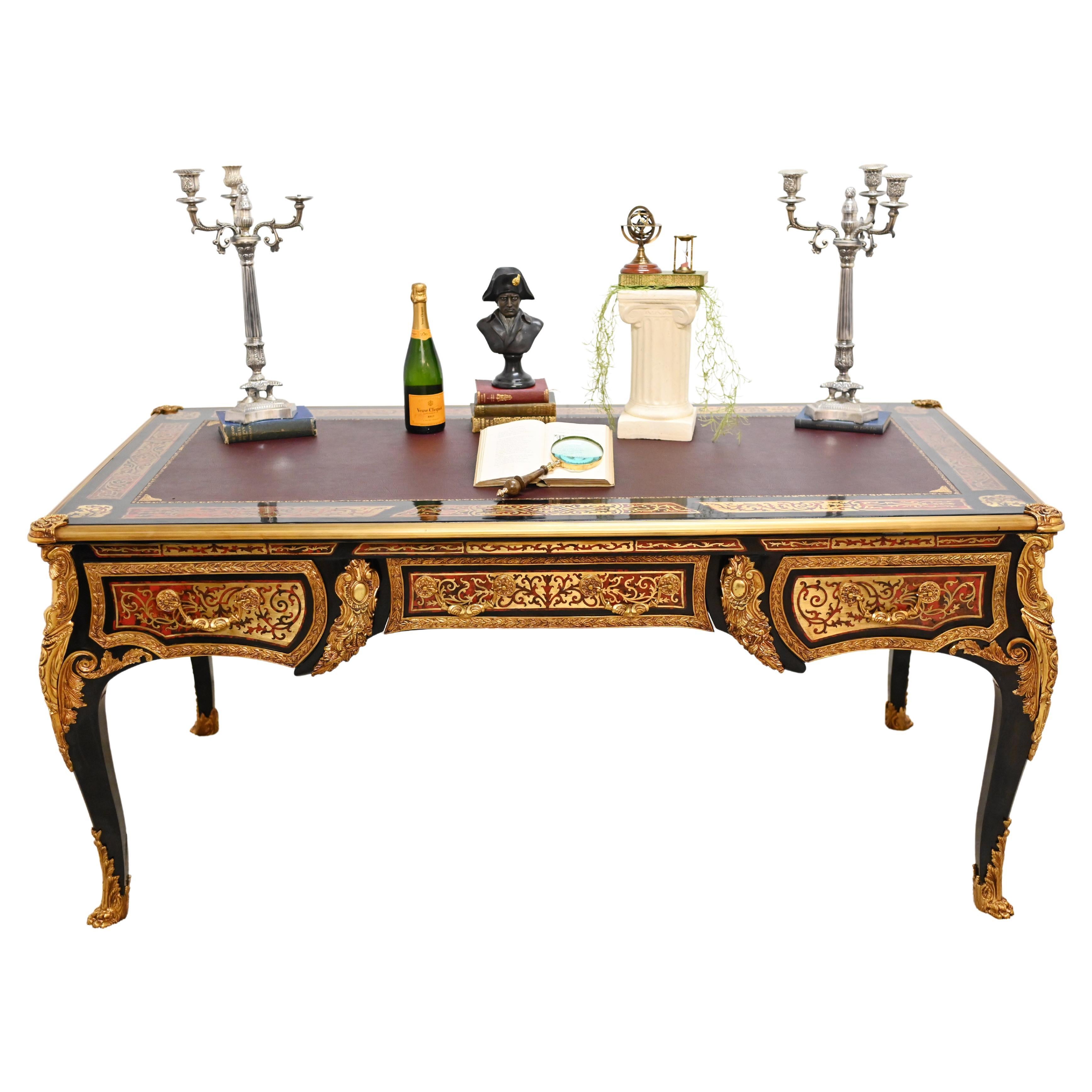 Boulle Bureau Plat Desk French Marquetry Inlay For Sale