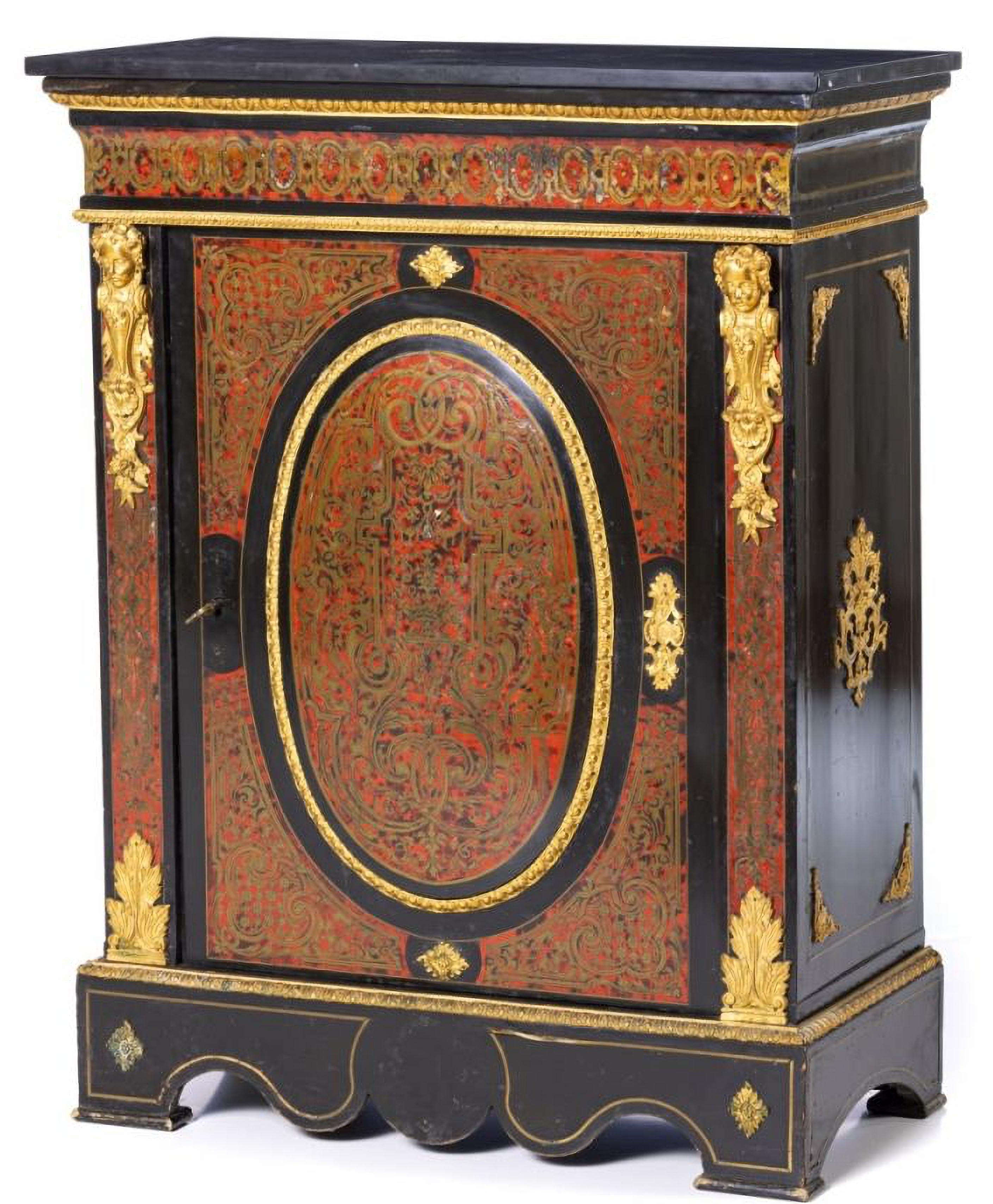 BOULLE CABINET
19th Century French Napoleon III,
Marquetry in ebonized wood, tortoiseshell and brass. Gilded bronze applications 
