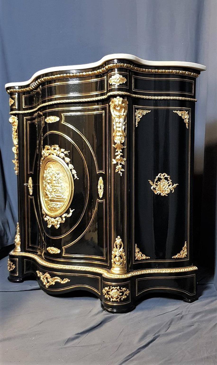 Blackened Boulle Carrara Curved Cabinet, Napoleon III, France, 1855