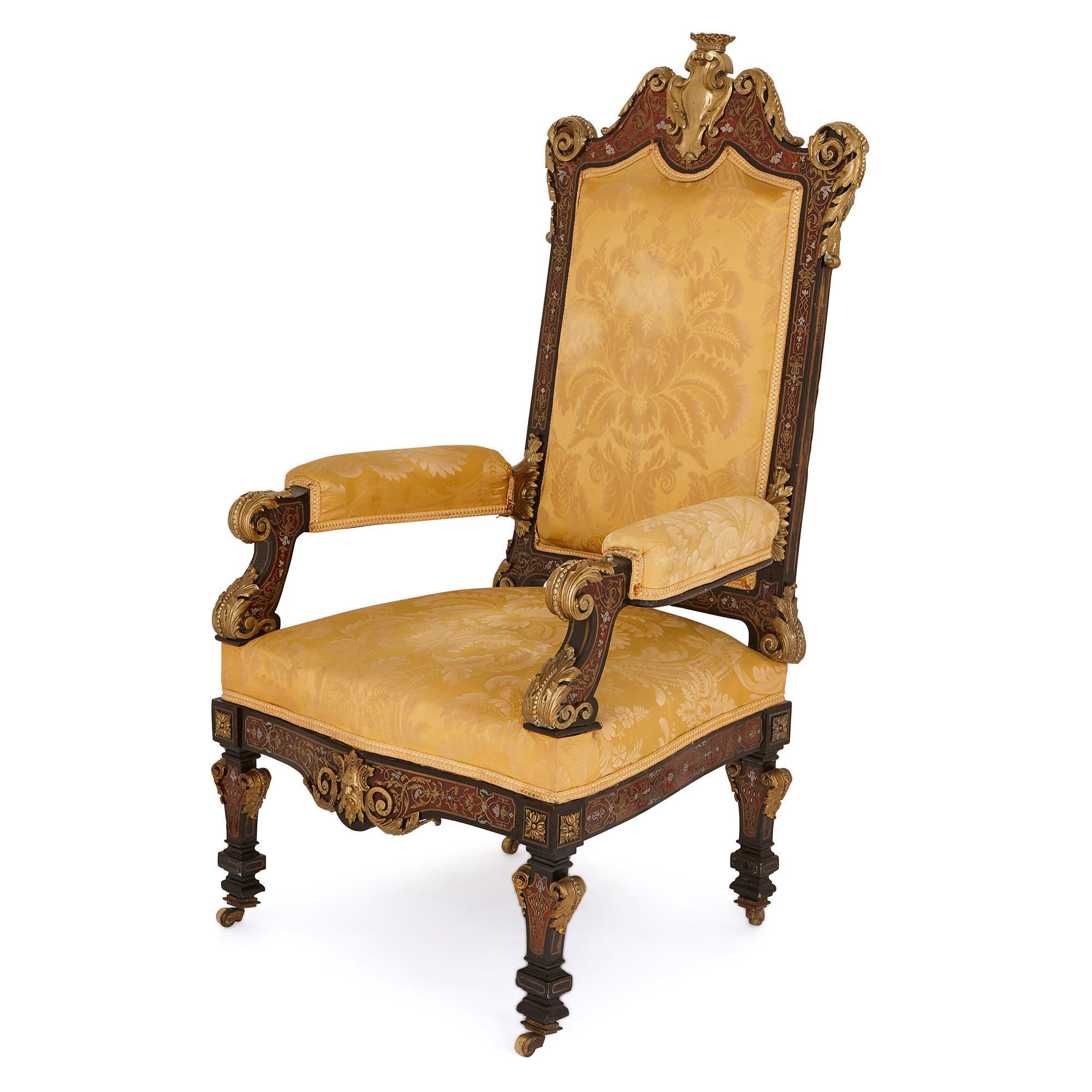 This magnificent armchair, or throne chair, is a majestic work of seated furniture, decorated to exacting standards in the highly detailed and complex Boulle technique. It is a rare and wonderful French antique, which should take pride of place in a