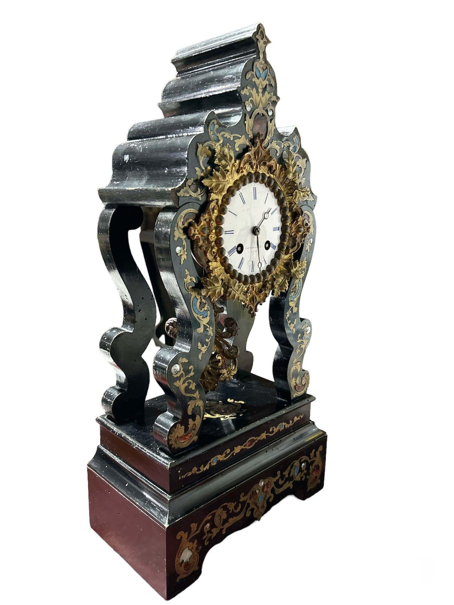 Brass Boulle Mantle Clock French Antique 1890 For Sale