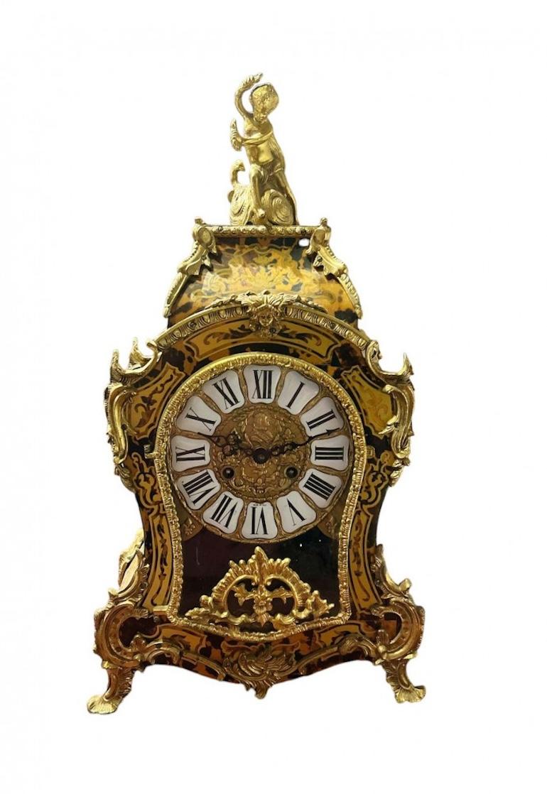 Gorgeous French antique mantle clock in the Boulle manner
Cut little clock we date to circa 1860
Love the Boulle inlay work with brass overlaid over ebony and tort
Ormolu is well cast and original patina
Purchased from a dealer on March Biron at