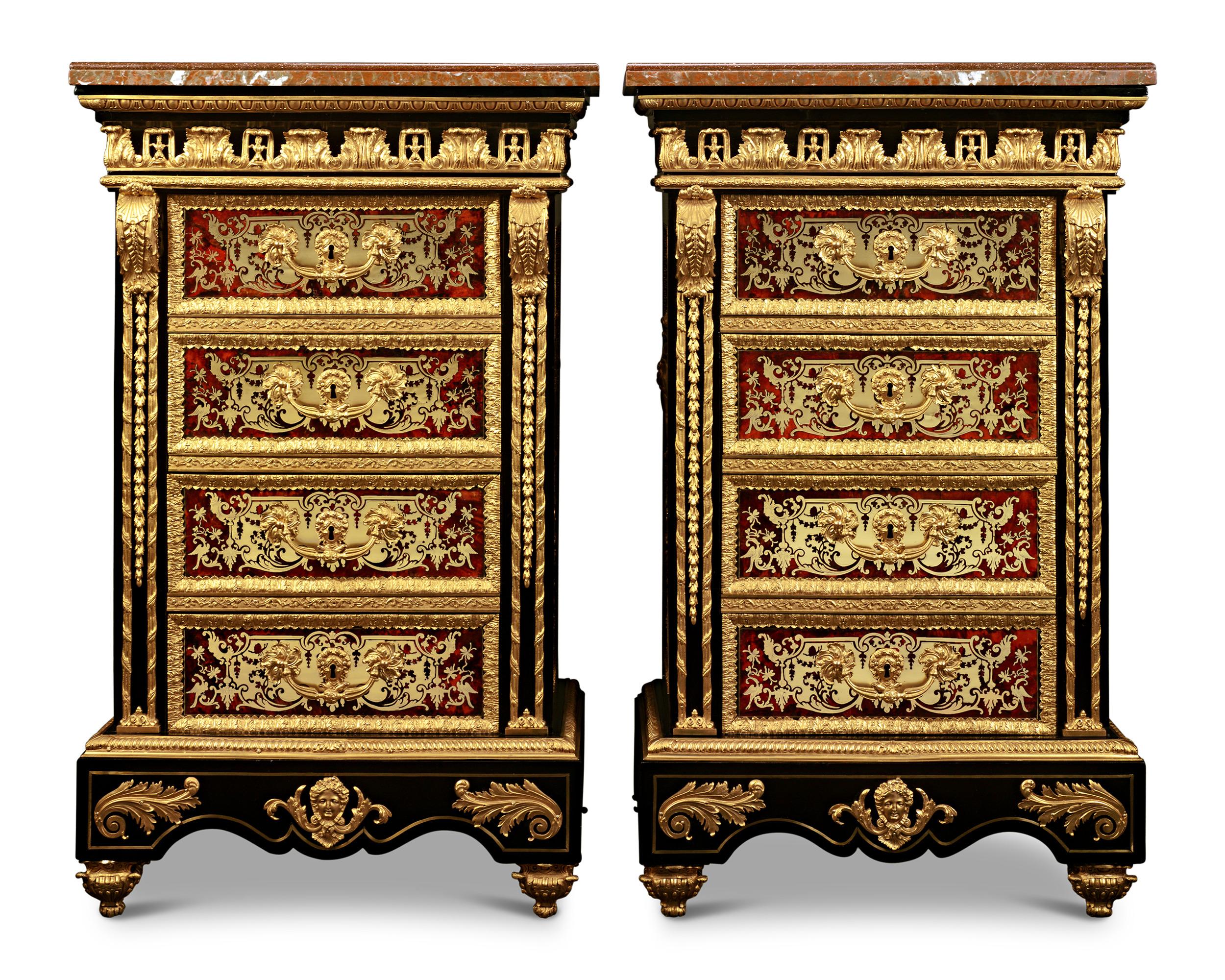 This opulent pair of Napoleon III-era commodes are decorated in the style of celebrated ébéniste André-Charles Boulle. Crafted of intricate ebony, tortoiseshell and brass marquetry, the pieces beautifully demonstrate the exceptional qualities of