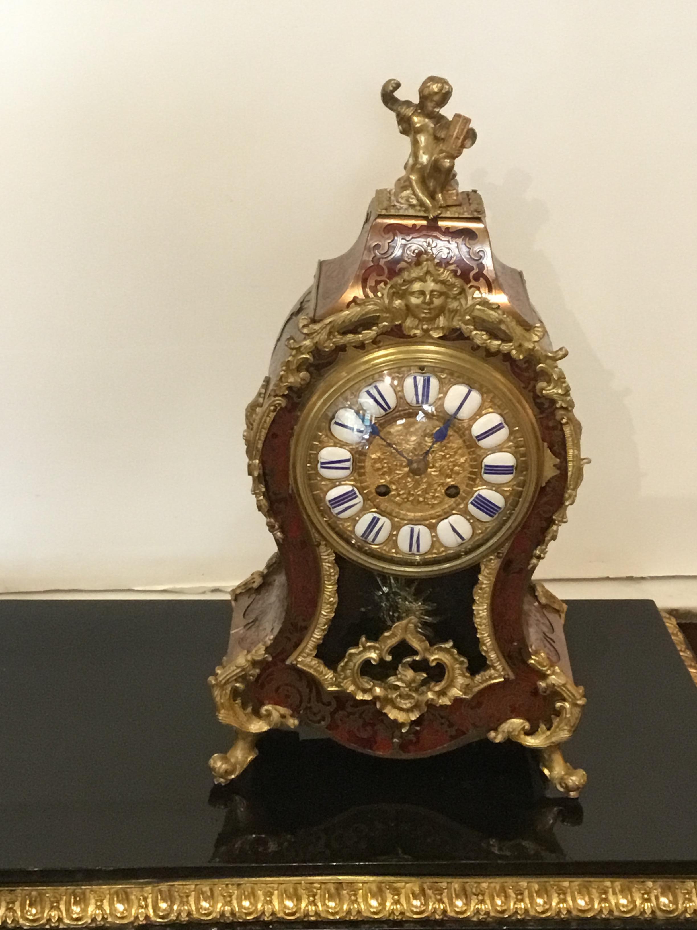 Boulle Marquetry, Louis XIV Style Ormolu Mounted Clock, 19th Century In Good Condition In Houston, TX