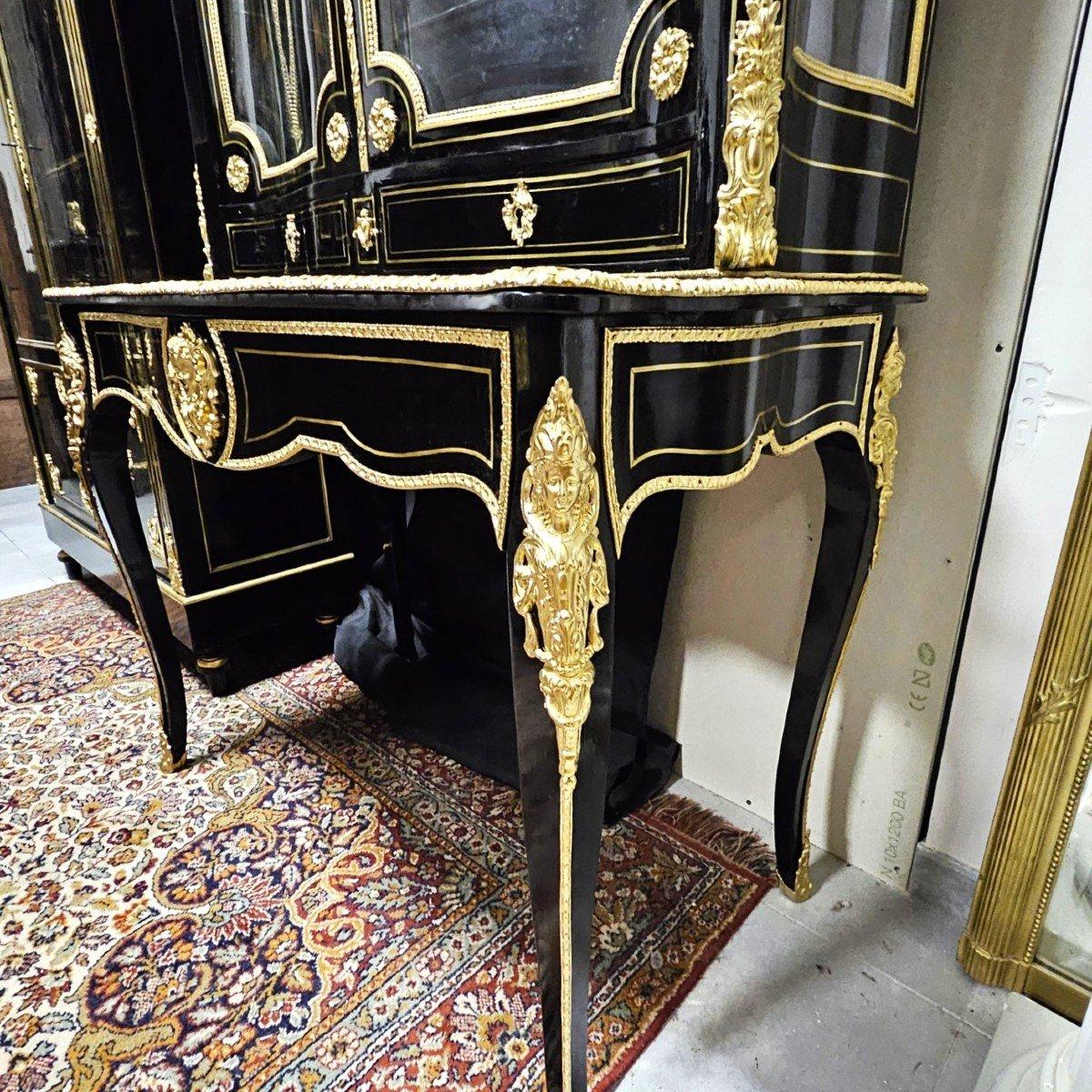 Boulle Marquetry Style French  Black Secretary Bonheur du Jour Napoleon III In Good Condition In Paris, FR