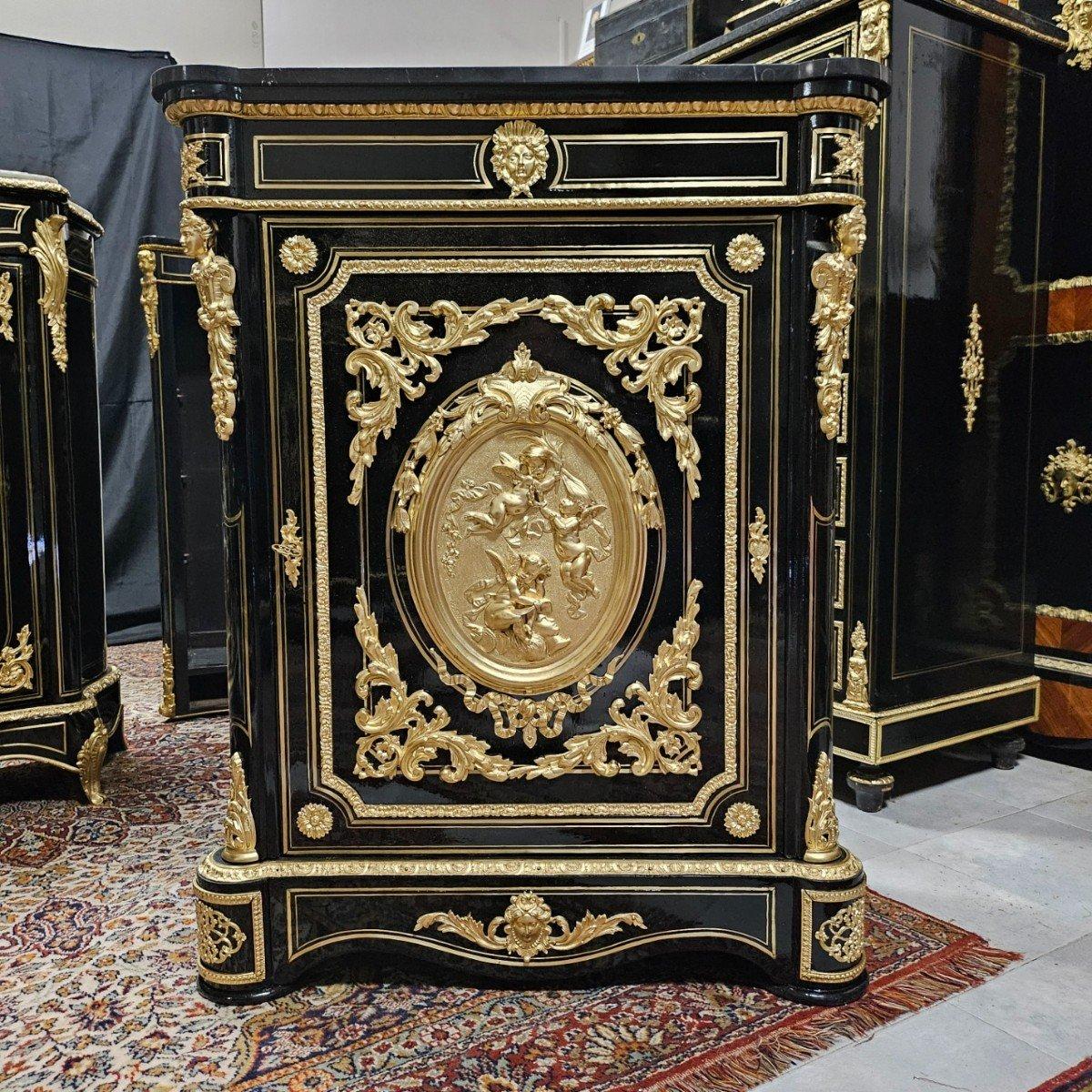 Boulle Marquetry Style French Cabinet by Bertaux Gilt Medallion Napoleon III 5