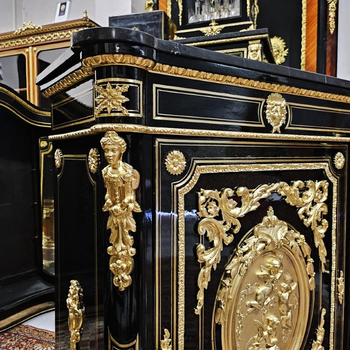 Boulle Marquetry Style French Cabinet by Bertaux Gilt Medallion Napoleon III In Good Condition In Paris, FR