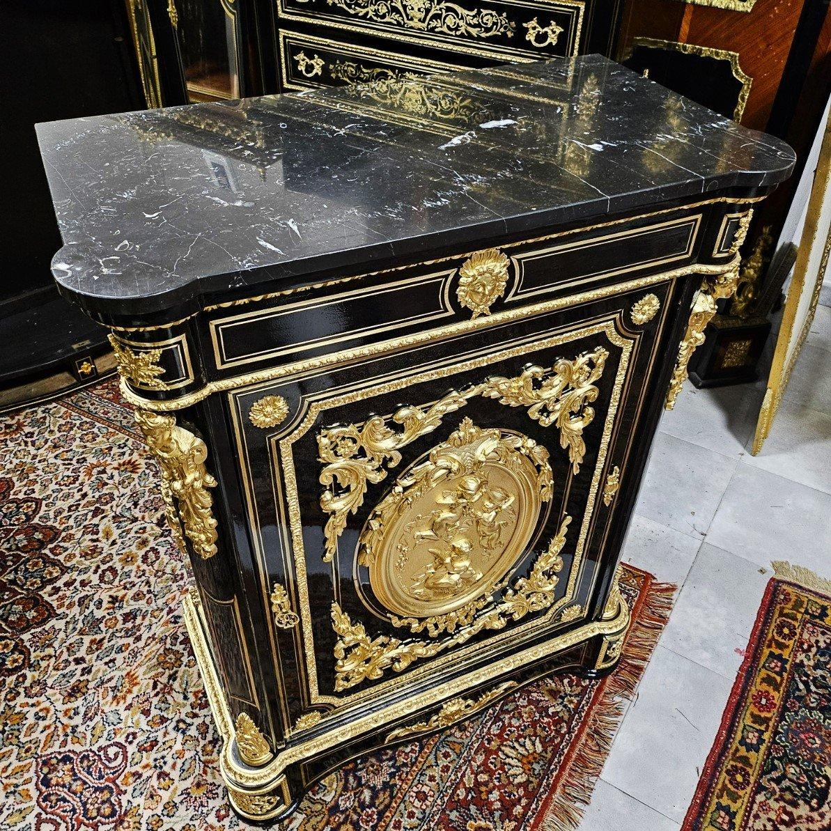 Brass Boulle Marquetry Style French Cabinet by Bertaux Gilt Medallion Napoleon III