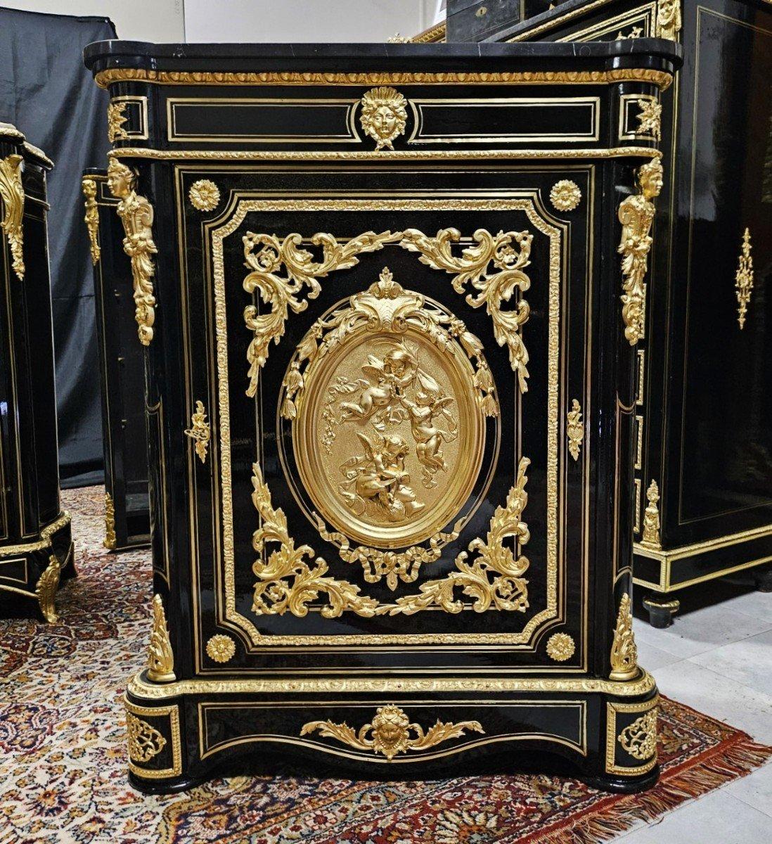 Boulle Marquetry Style French Cabinet by Bertaux Gilt Medallion Napoleon III 1