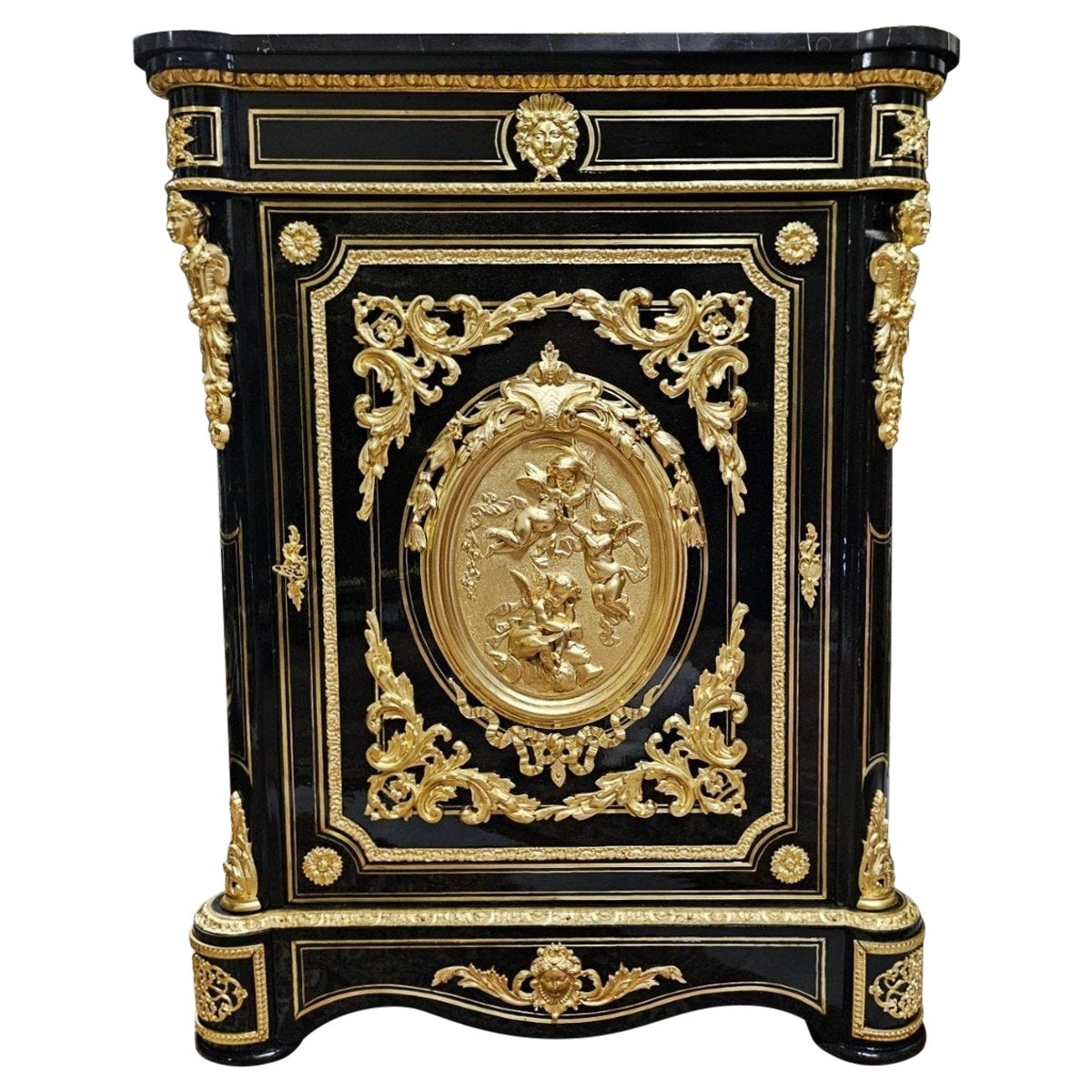 Boulle Marquetry Style French Cabinet by Bertaux Gilt Medallion Napoleon III
