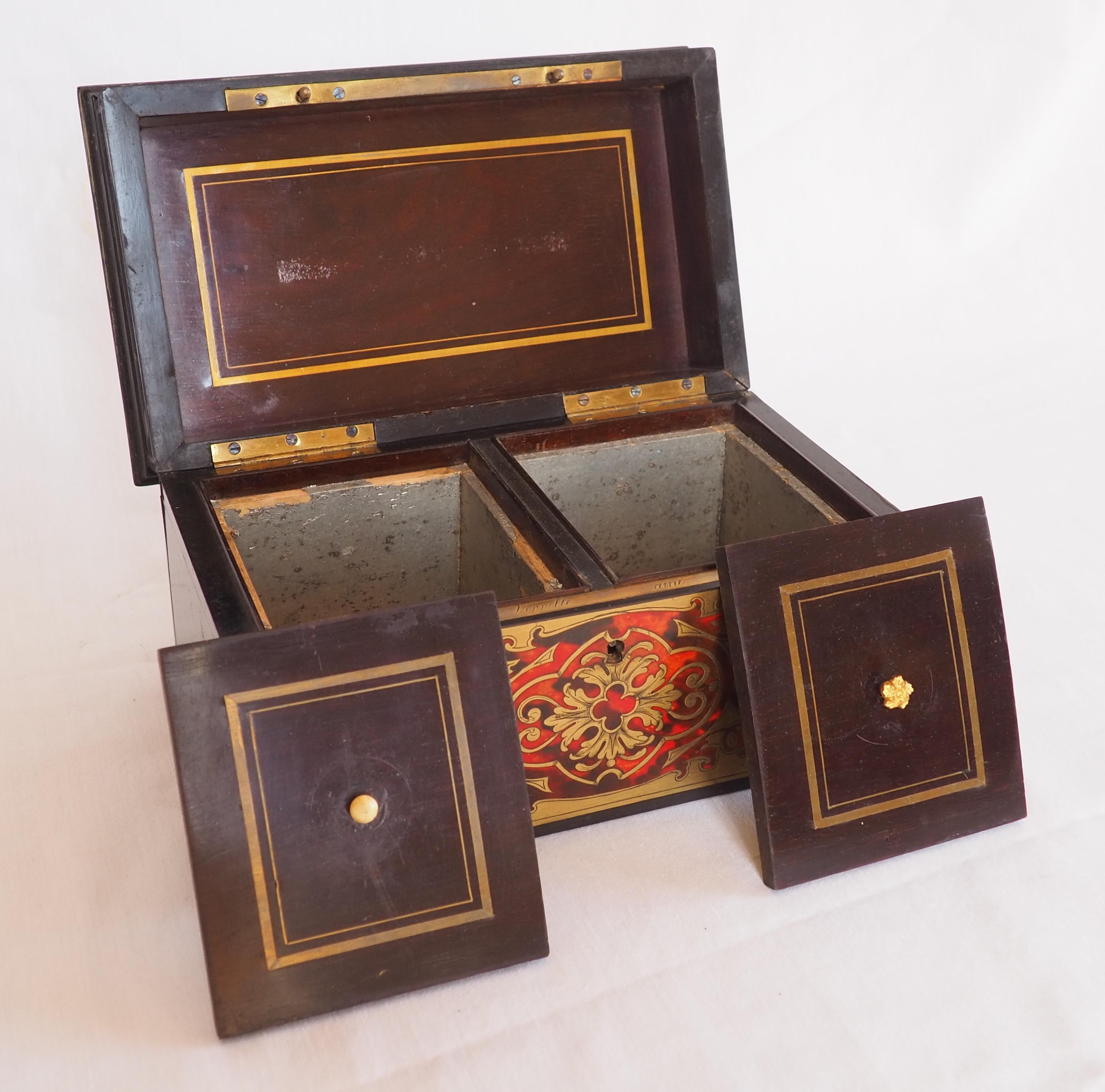 Boulle marquetry tea box, Napoléon III period, late 19th century signed Vervelle For Sale 1