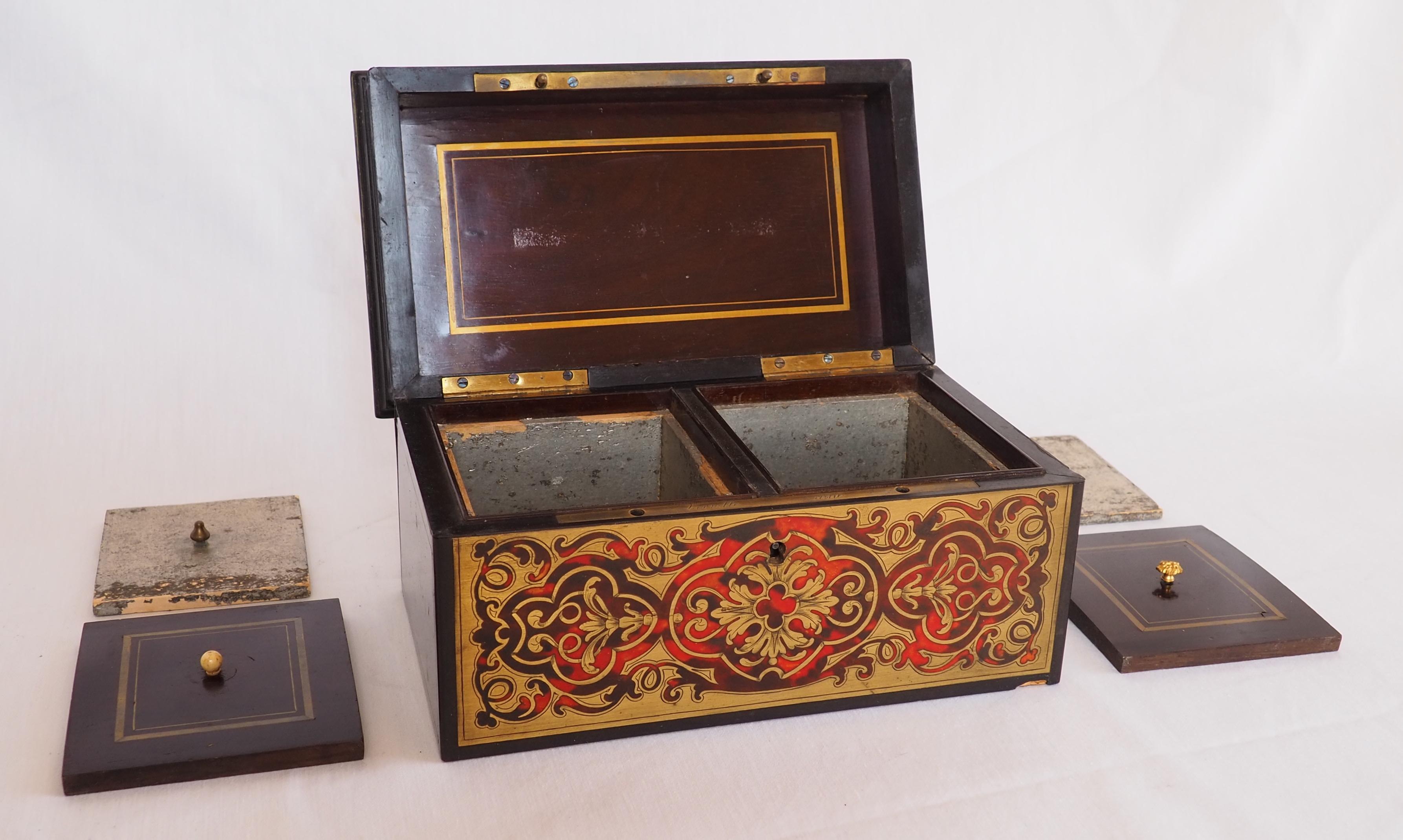 Boulle marquetry tea box, Napoléon III period, late 19th century signed Vervelle For Sale 3