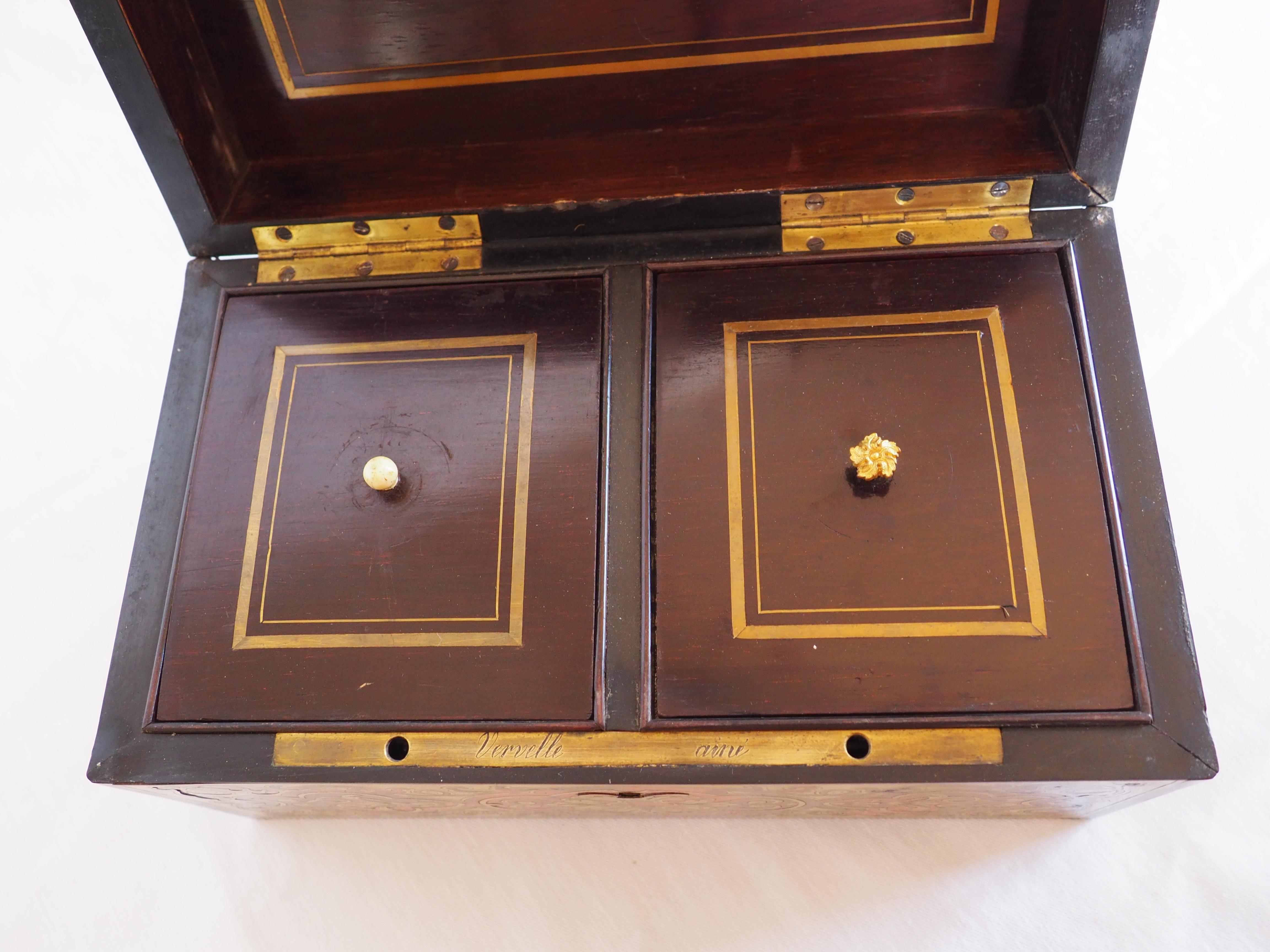 Boulle marquetry tea box, Napoléon III period, late 19th century signed Vervelle For Sale 1