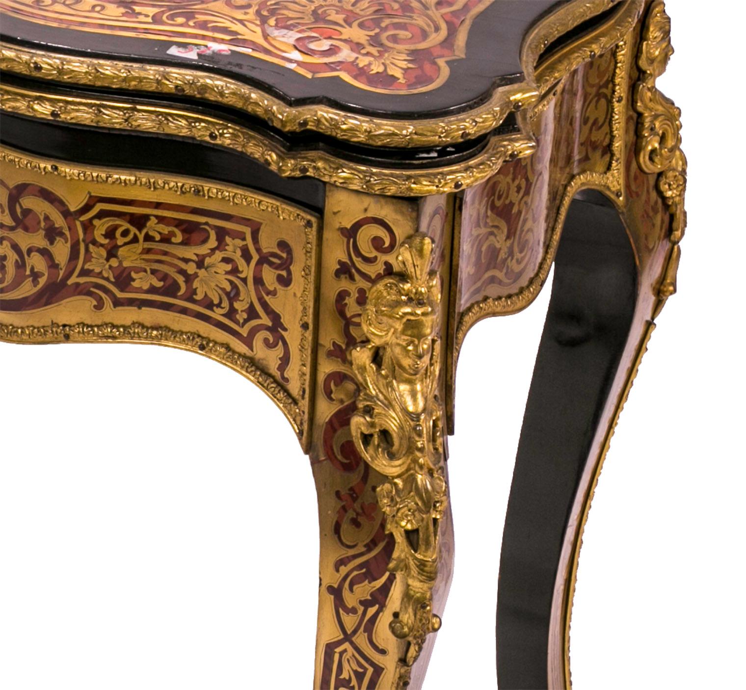 Italian Boulle Opening Game Table in Ebony Tortoise Shell and Leather For Sale