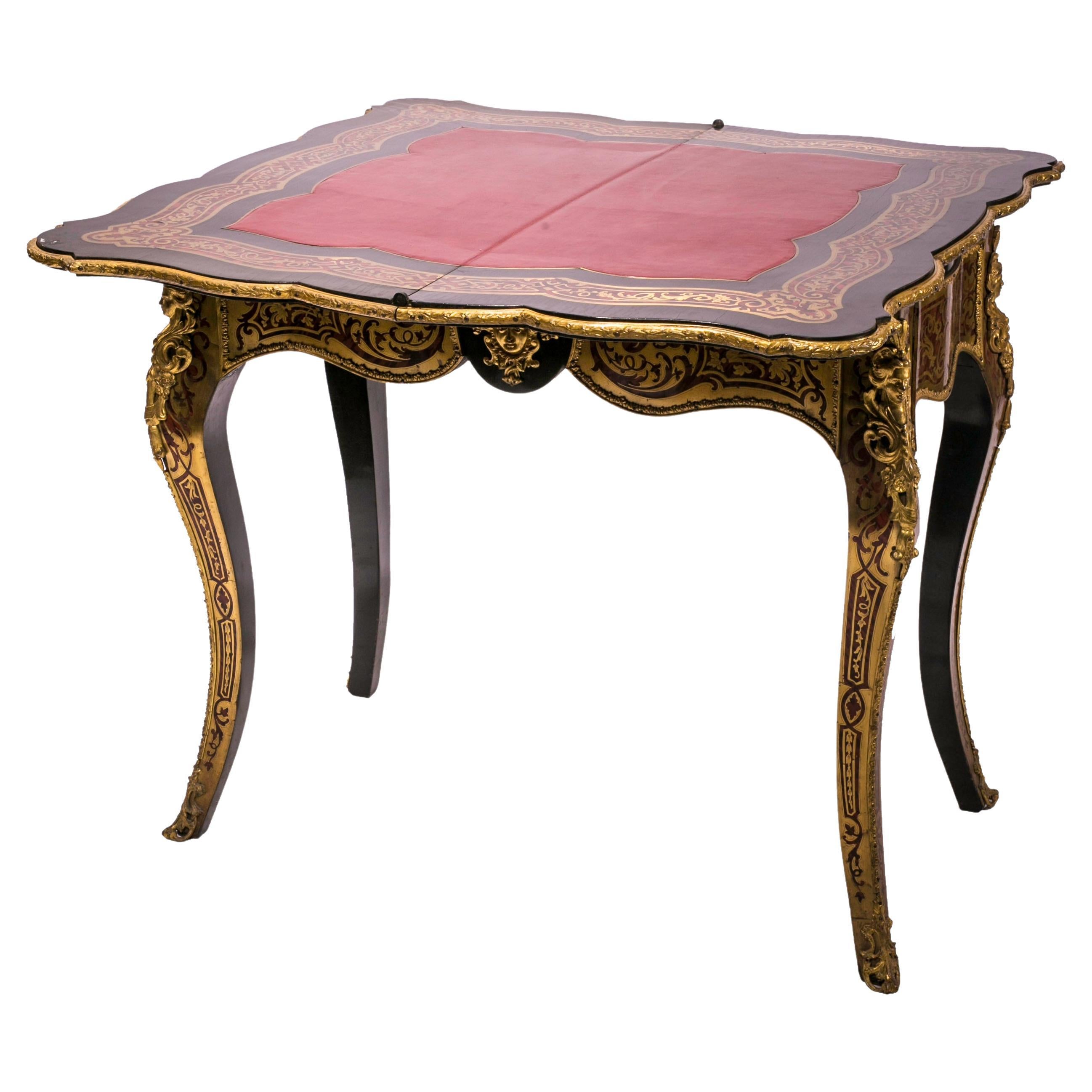 Boulle Opening Game Table in Ebony Tortoise Shell and Leather