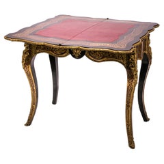 Antique Boulle Opening Game Table in Ebony Tortoise Shell and Leather
