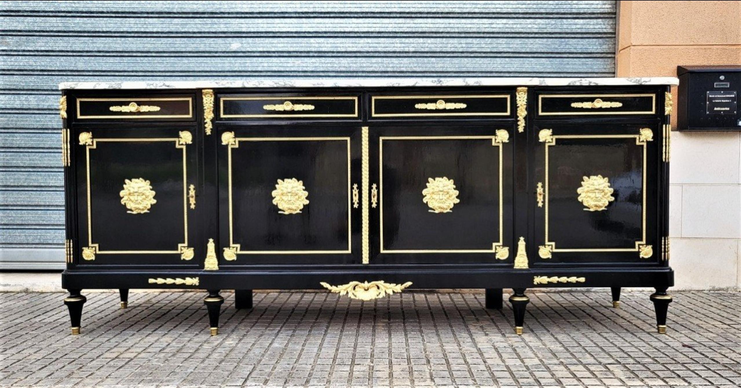 Late 19th Century Boulle style Large Black Sideboard Credenza 4 doors, Napoleon III, France 19thC