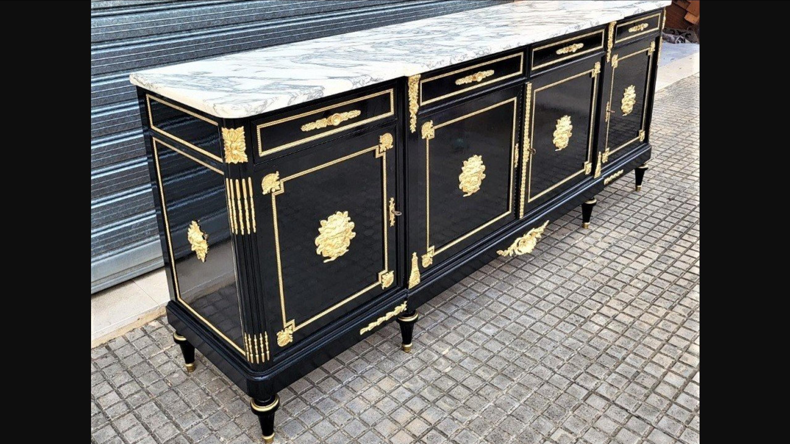 Boulle style Large Black Sideboard Credenza 4 doors, Napoleon III, France 19thC 2