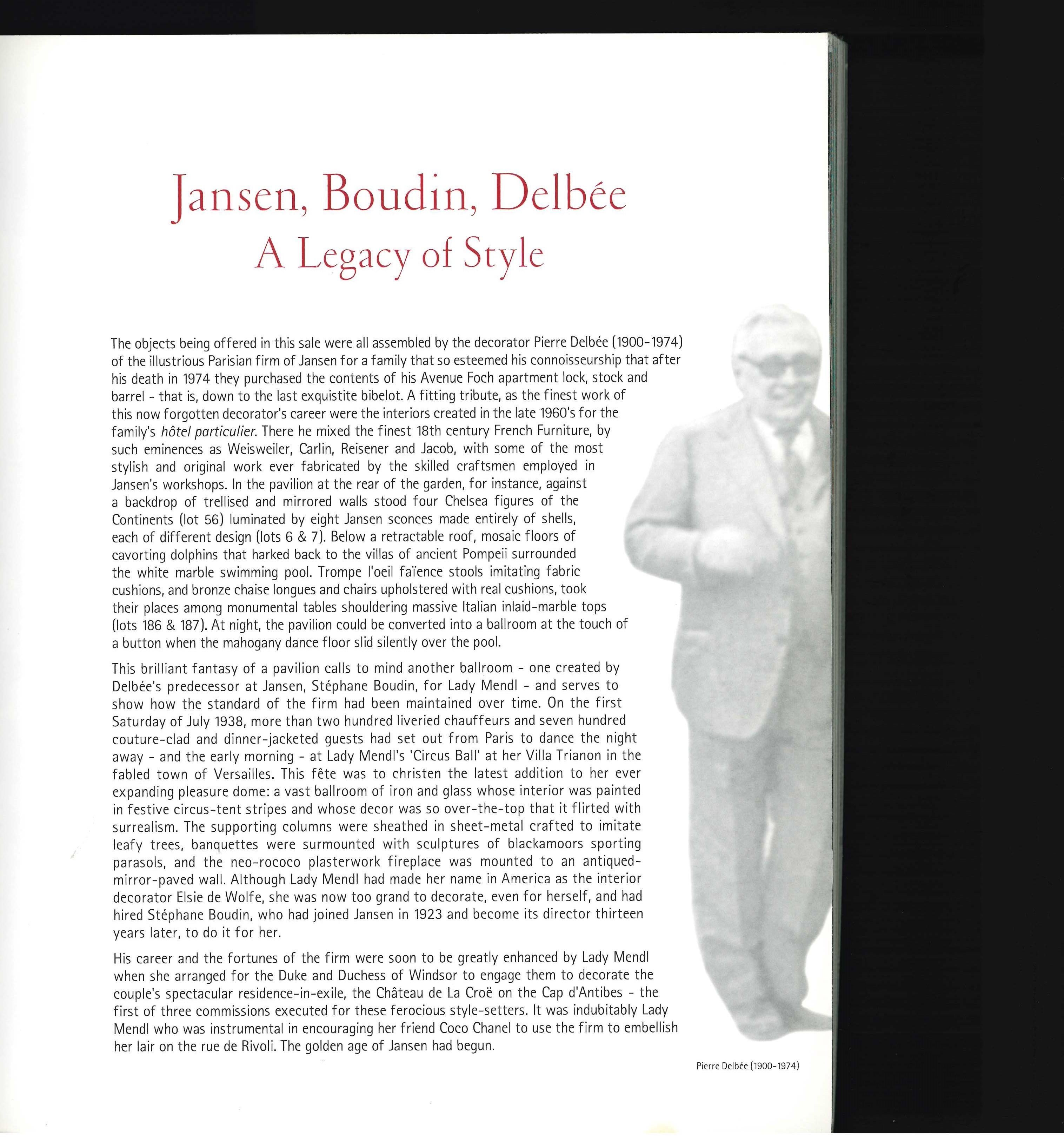 The objects that were offered for sale within these catalogues were all assembled by the decorator Pierre Delbee (1900-1974) of the illustrious Parisian firm of Jansen. Under his leadership projects were undertaken for the Elysee Palace and for the