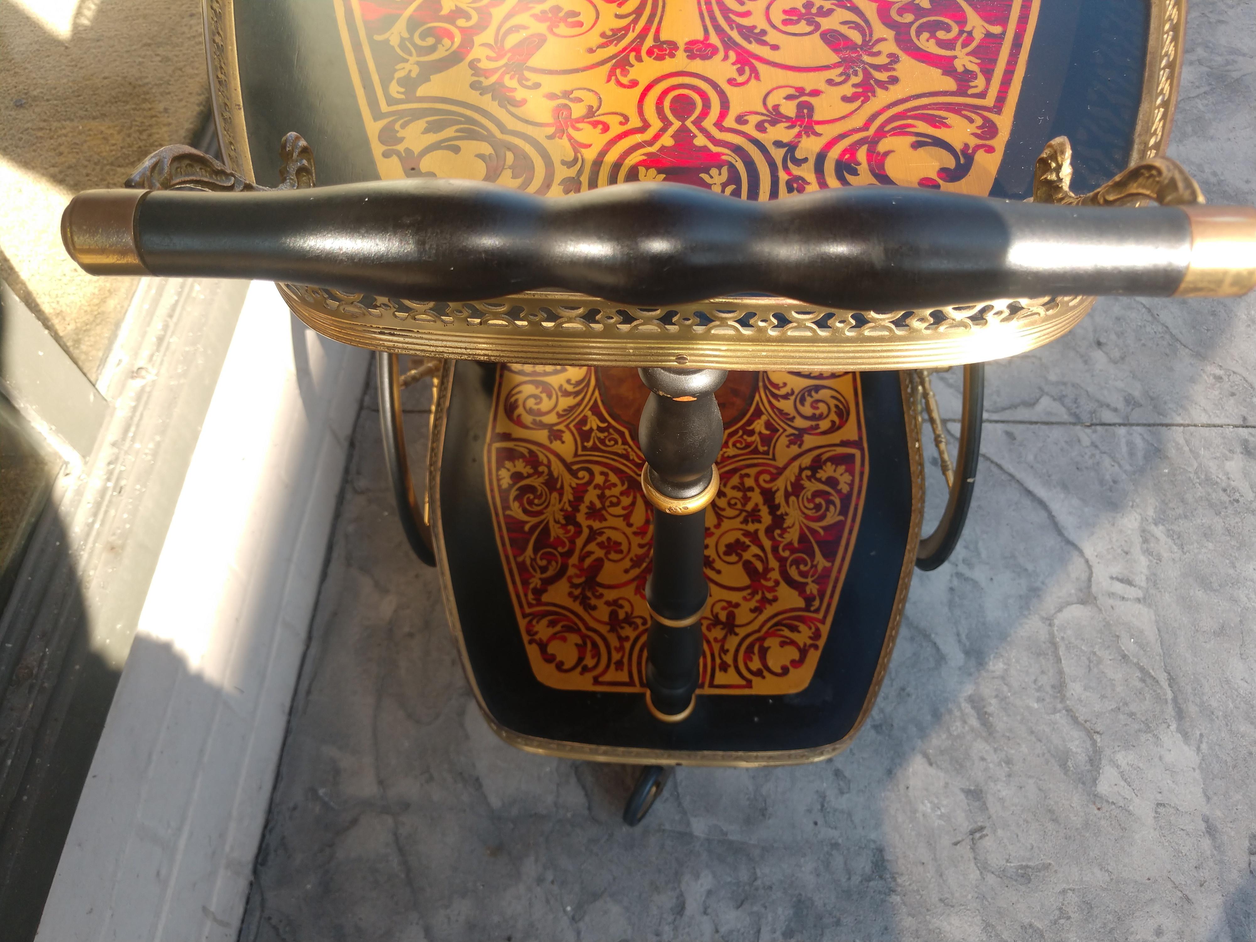 Mid-20th Century Neoclassical Boulle with Wood Inlay & Reticulated Brass Bar Cart, Italy For Sale