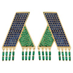 Boulo Colorful Statement Contemporary Dangle Earring with Navy & Emerald Stones