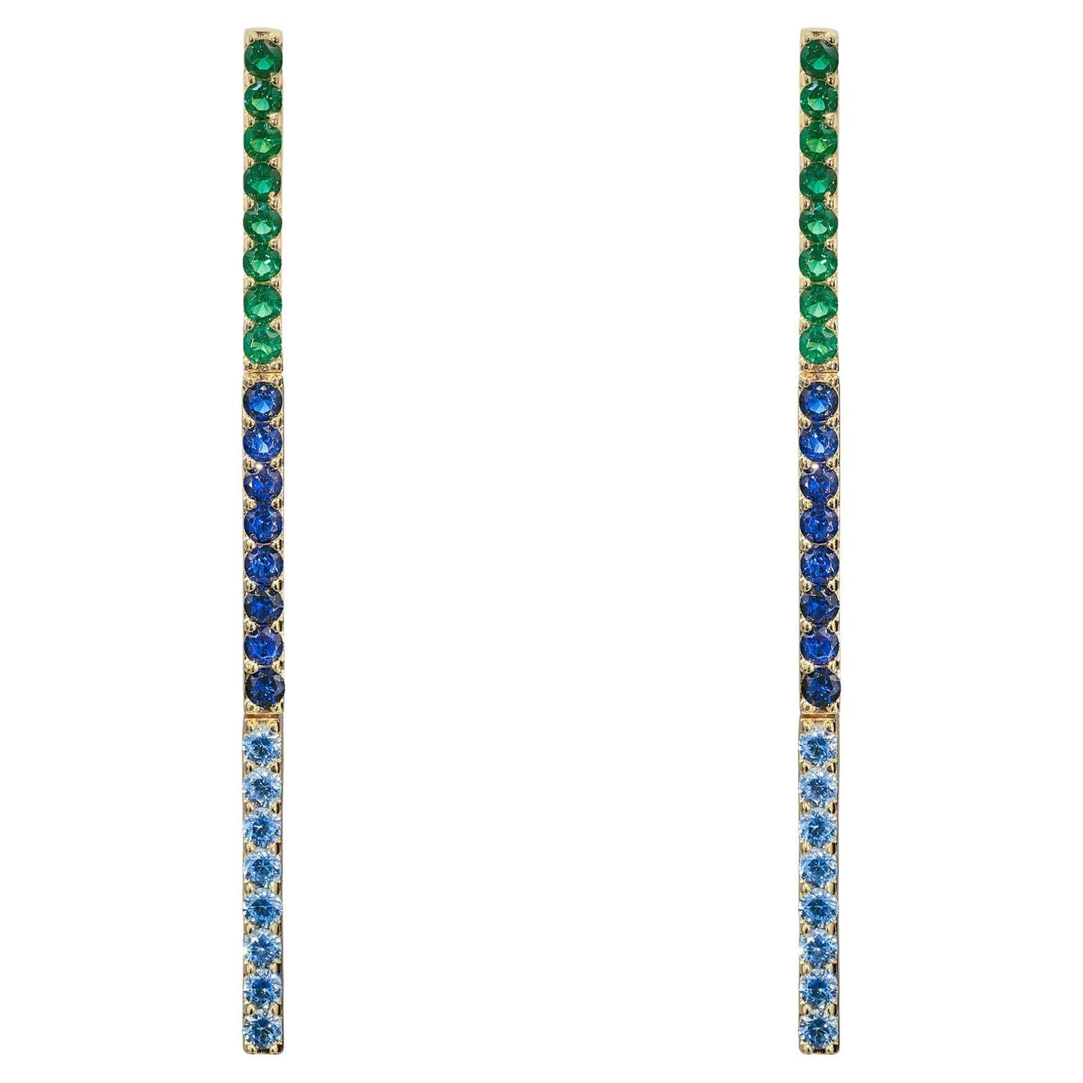 Boulo Long Colourful Statement Earrings with Navy, Blue and Emerald Stones