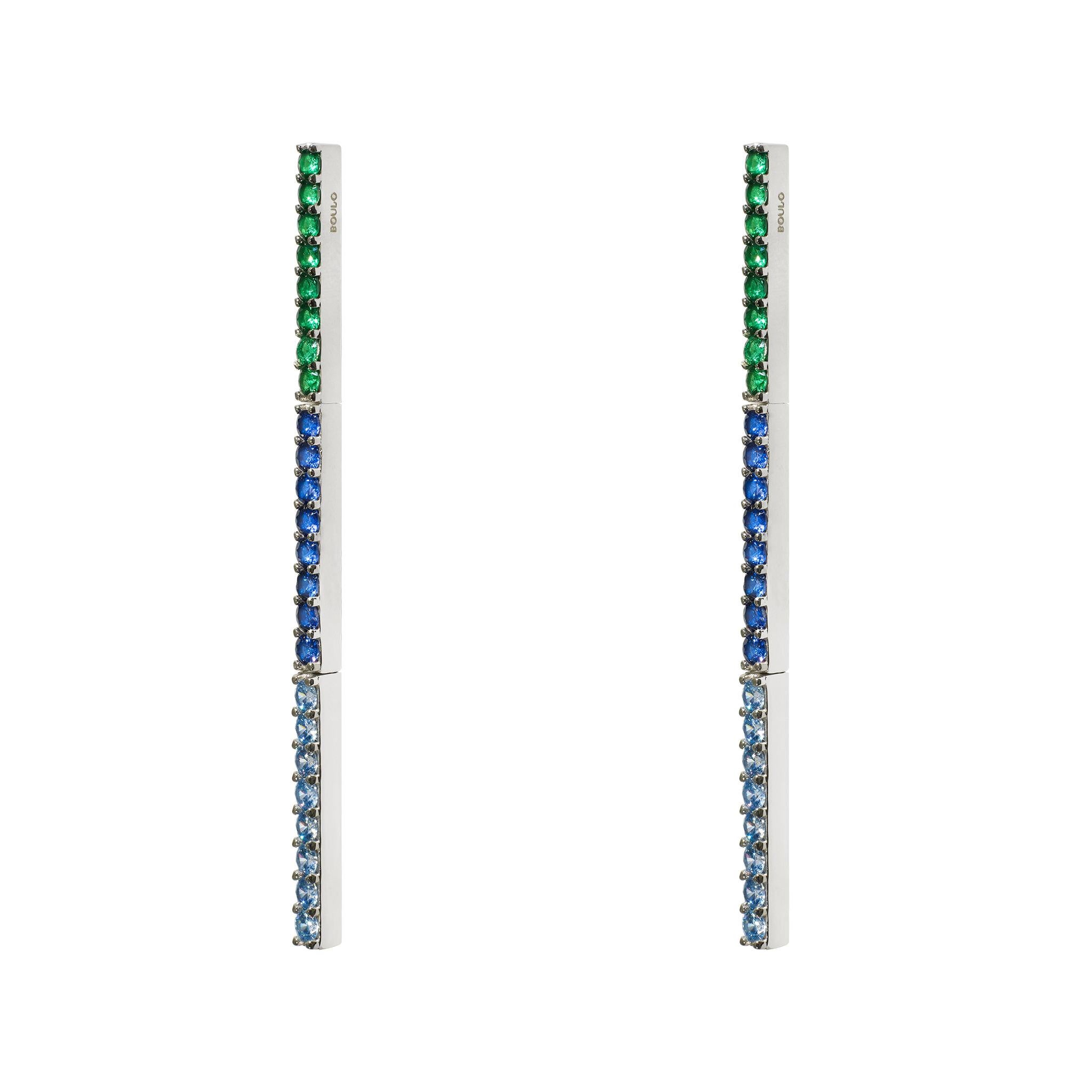 Inspired by the colours of the Aegean Sea and sun, carry this light breeze throughout the day. This long earring is a simple and elegant way to elevate your casual and chic outfits. Embellished with navy, blue, and emerald round-cut large stones,