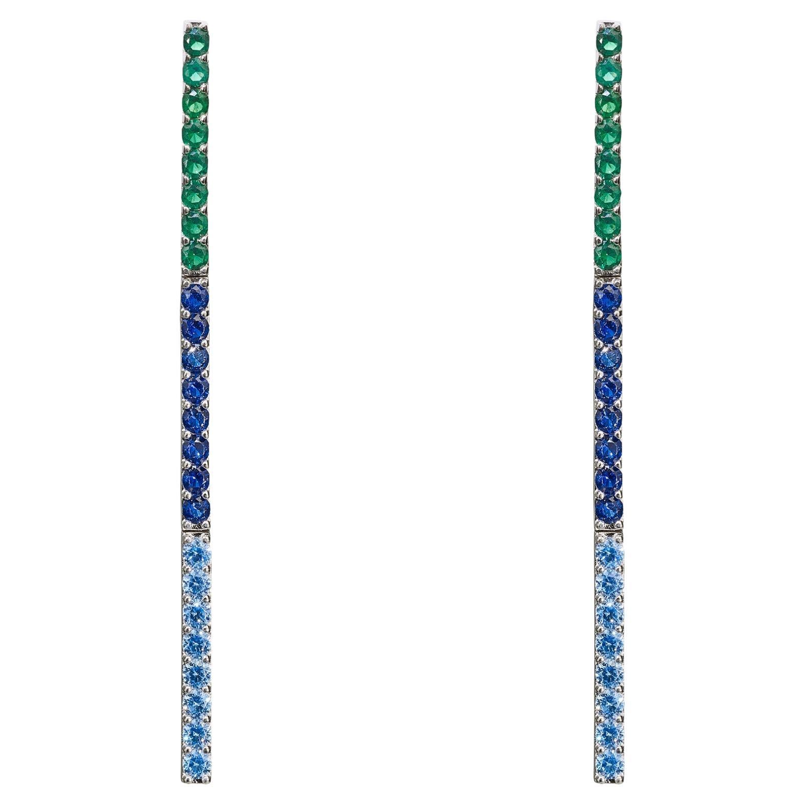 Long Colourful Statement Silver Earring Navy, Blue and Emerald Stones