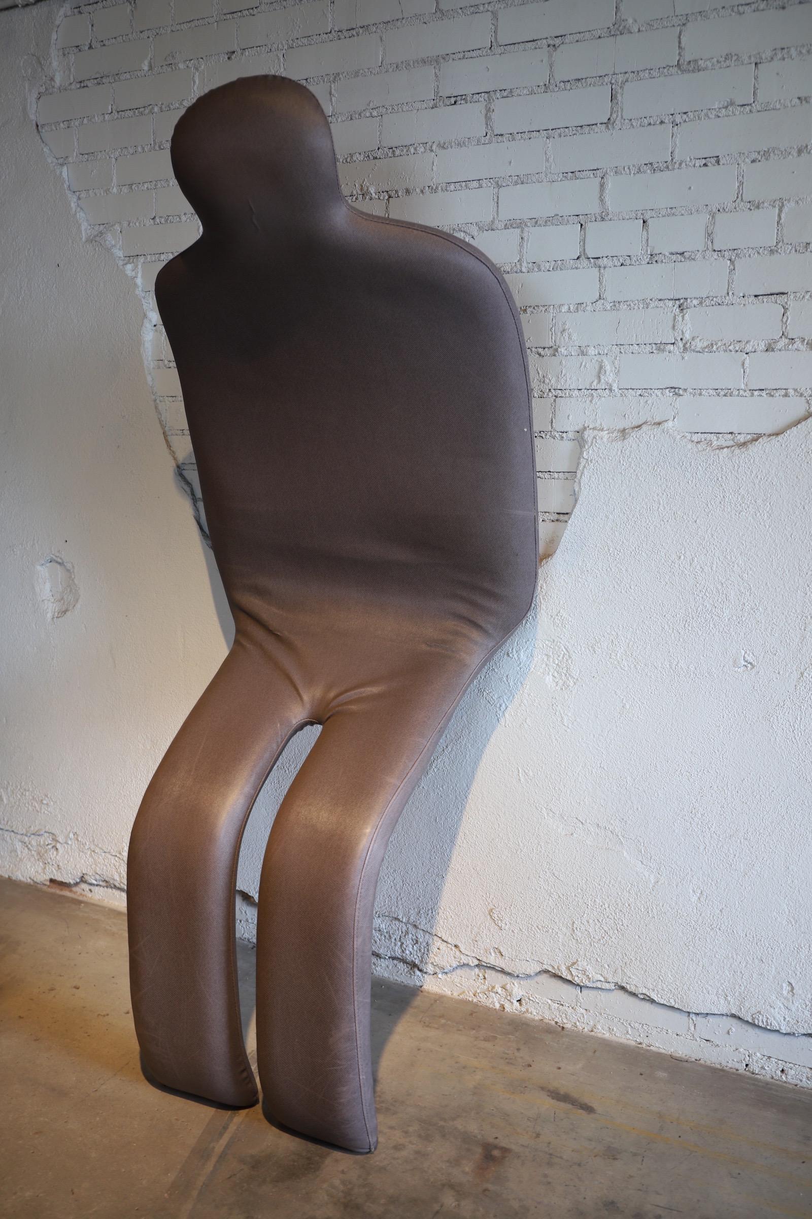 Outstanding indoor version of the Bouloum chair designed by Olivier Mourgue for Arconas. This piece is covered in a mate finish purple/grey vinyl type fabric. It is gently used with tons of life still left in it. It could be easily used without the