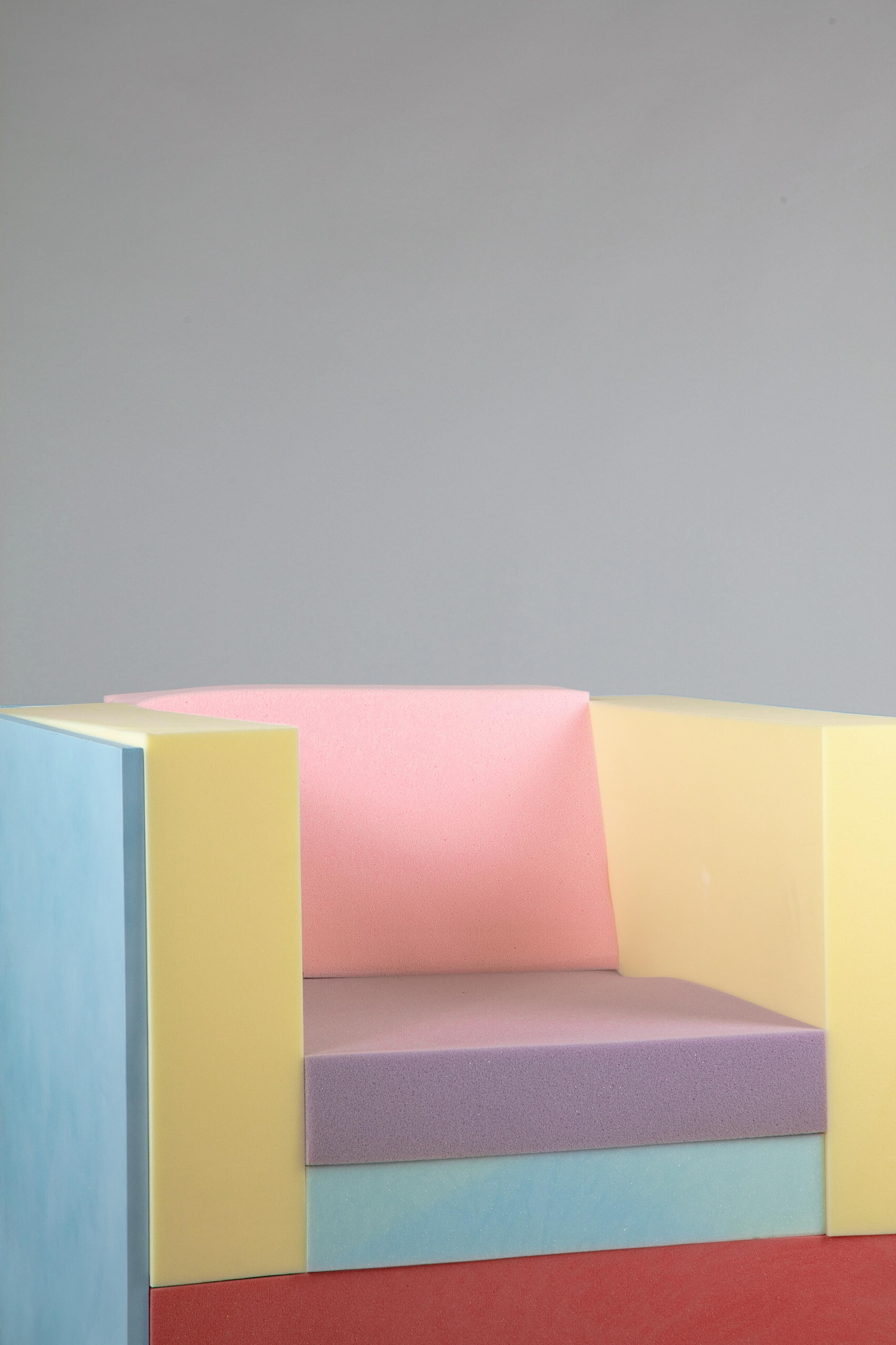 Bounce Armchair by Daniel Nikolovski
Dimensions: W 90 x D 82 x H 80 cm
Material: PU Foam, Painted wood

By deconstructing a regularly looking cubic armchair, the idea behind this piece is to show what’s happening behind the scenes in an upholstery