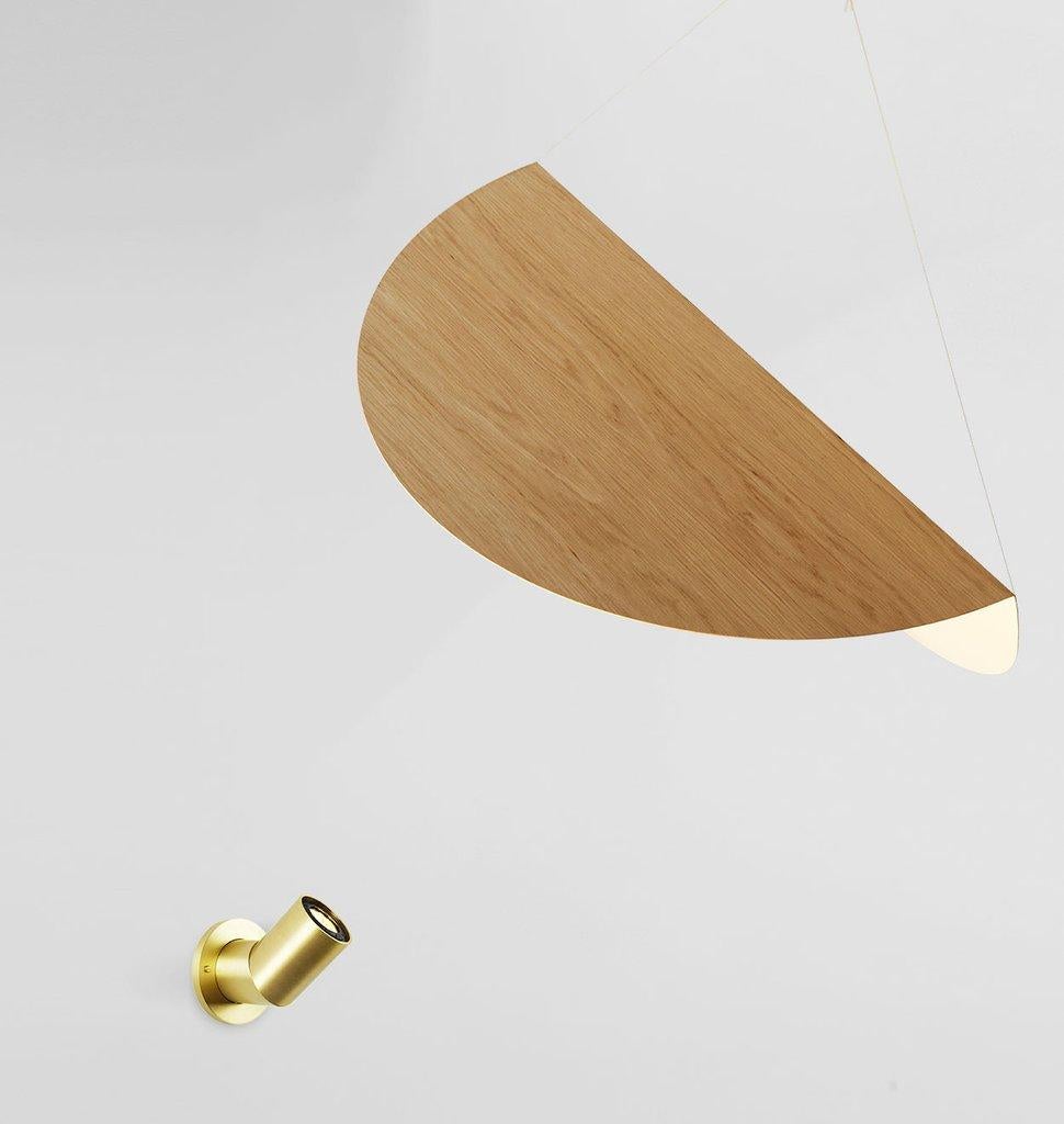 Karl Zahn's Bounce combines a folded aluminum shade and an independently positioned light source. One side of the shade is white to reflect illumination, while the other has a decorative anodized or wood veneer finish.

Please note that the item