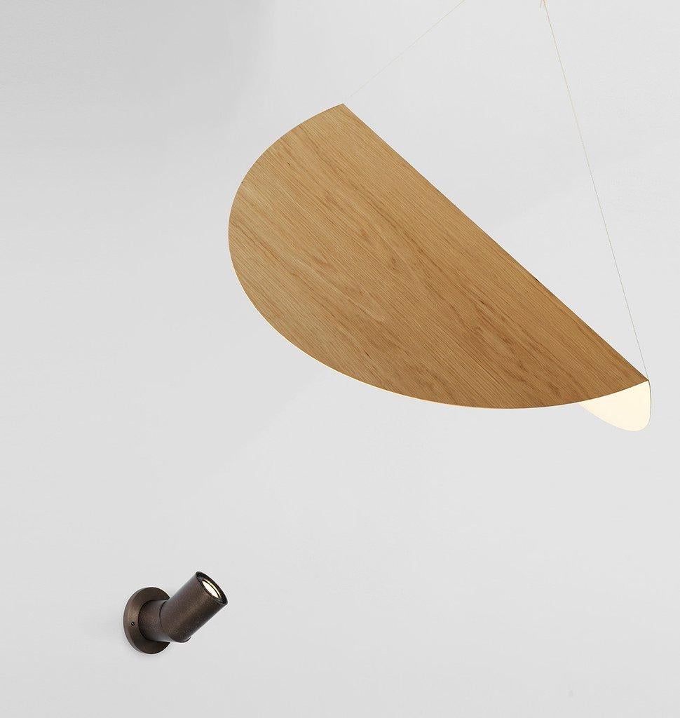 Karl Zahn's Bounce combines a folded aluminium shade and an independently positioned light source. One side of the shade is white to reflect illumination, while the other has a decorative anodized or wood veneer finish.

Please note that the item