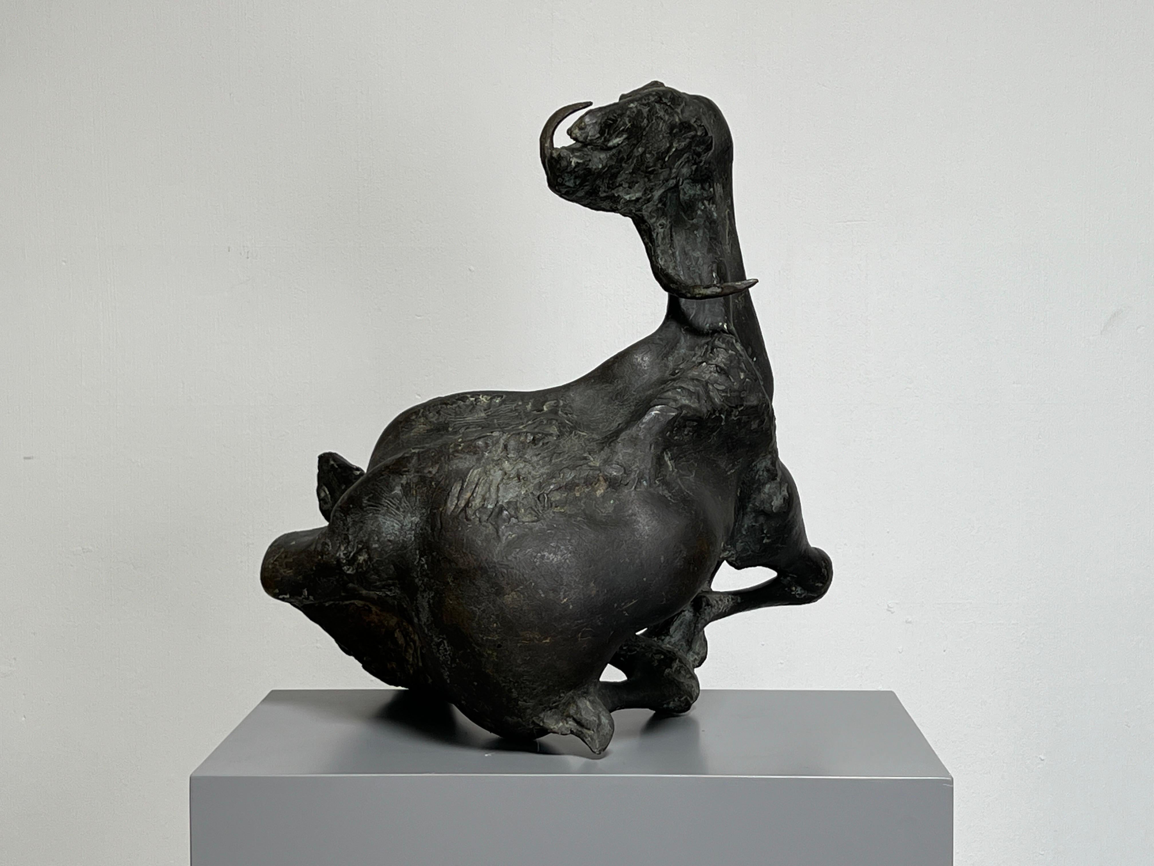 Titled 'Bound Goat, Thursday' this bronze by Californian Jack Zajac (born 1929) is numbered 1 in an edition of 8. In 1954, having been awarded the prestigious Rome Prize in painting by the American Academy in Rome, Zajac started playing with clay