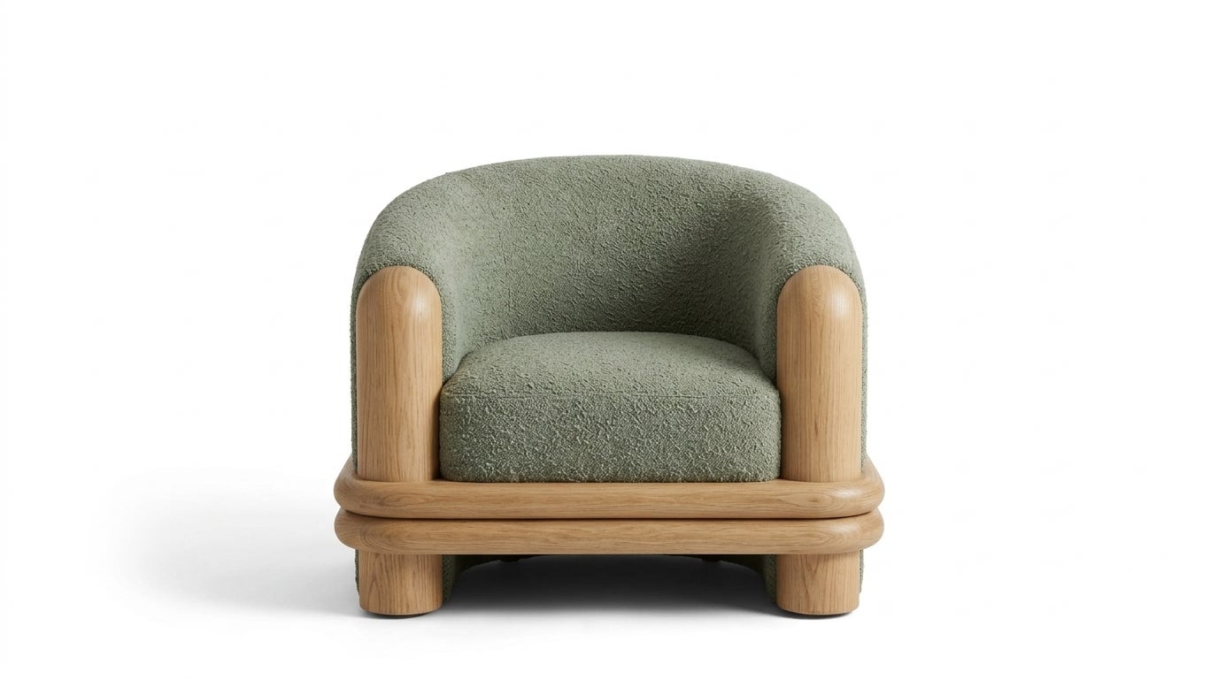 Wood Rounded Structures Bound Sculptural Armchair in Textured Bouclé and Natural Oak by Sidani ...