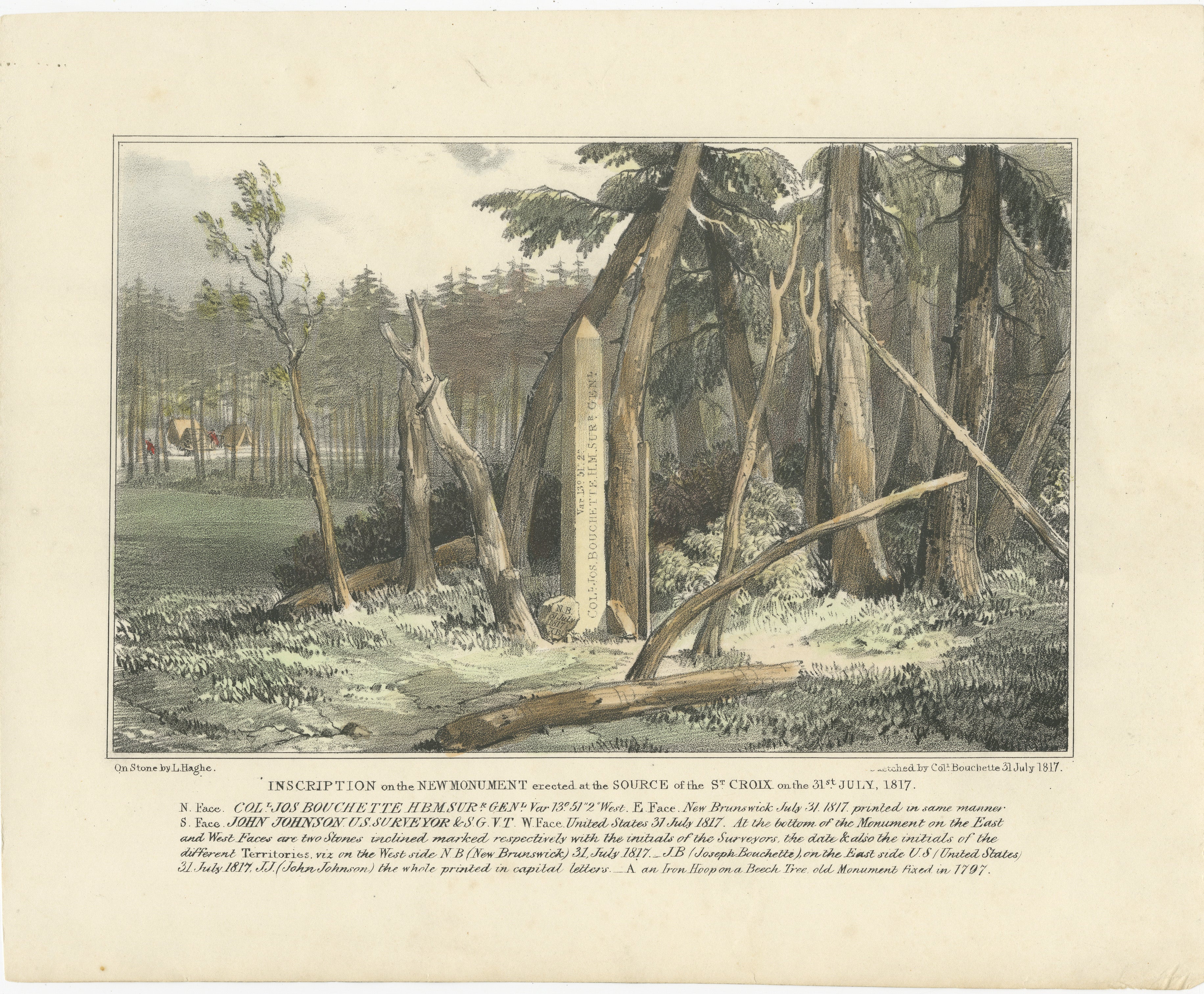 Title: Boundary Marker at St. Croix River Source, 1817 – A Historic Diplomatic Monument  

Description: This detailed hand-colored lithograph depicts the new monument erected on July 31, 1817, at the source of the St. Croix River, marking a critical