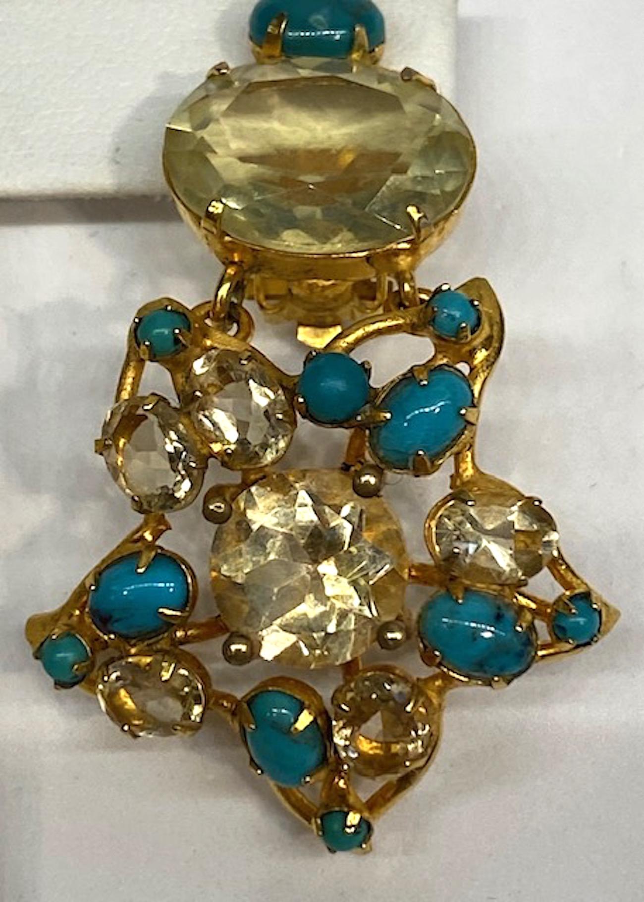 Bounkit Turquoise and Lemon Quartz Flower Earrings In Excellent Condition For Sale In New York, NY