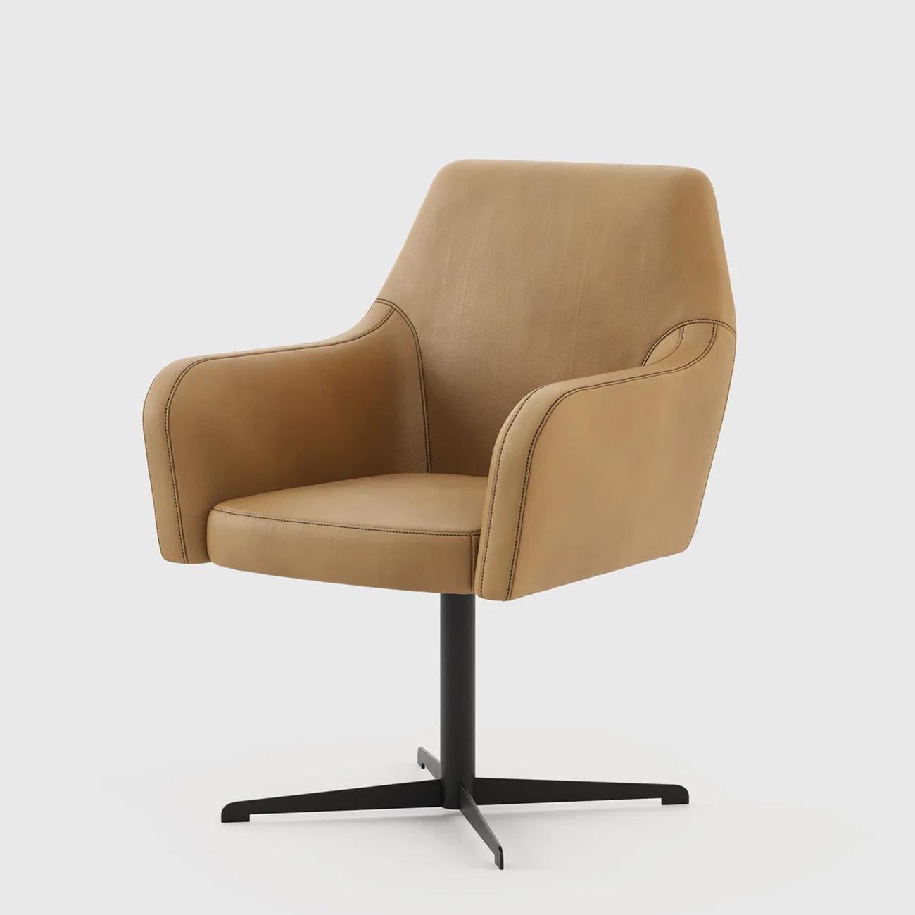 Office chair Bount with solid wood structure
upholstered and covered with camel leather.
Swivel desk chair with blackened iron base.
Also available with other leather finish or fabrics
on request.