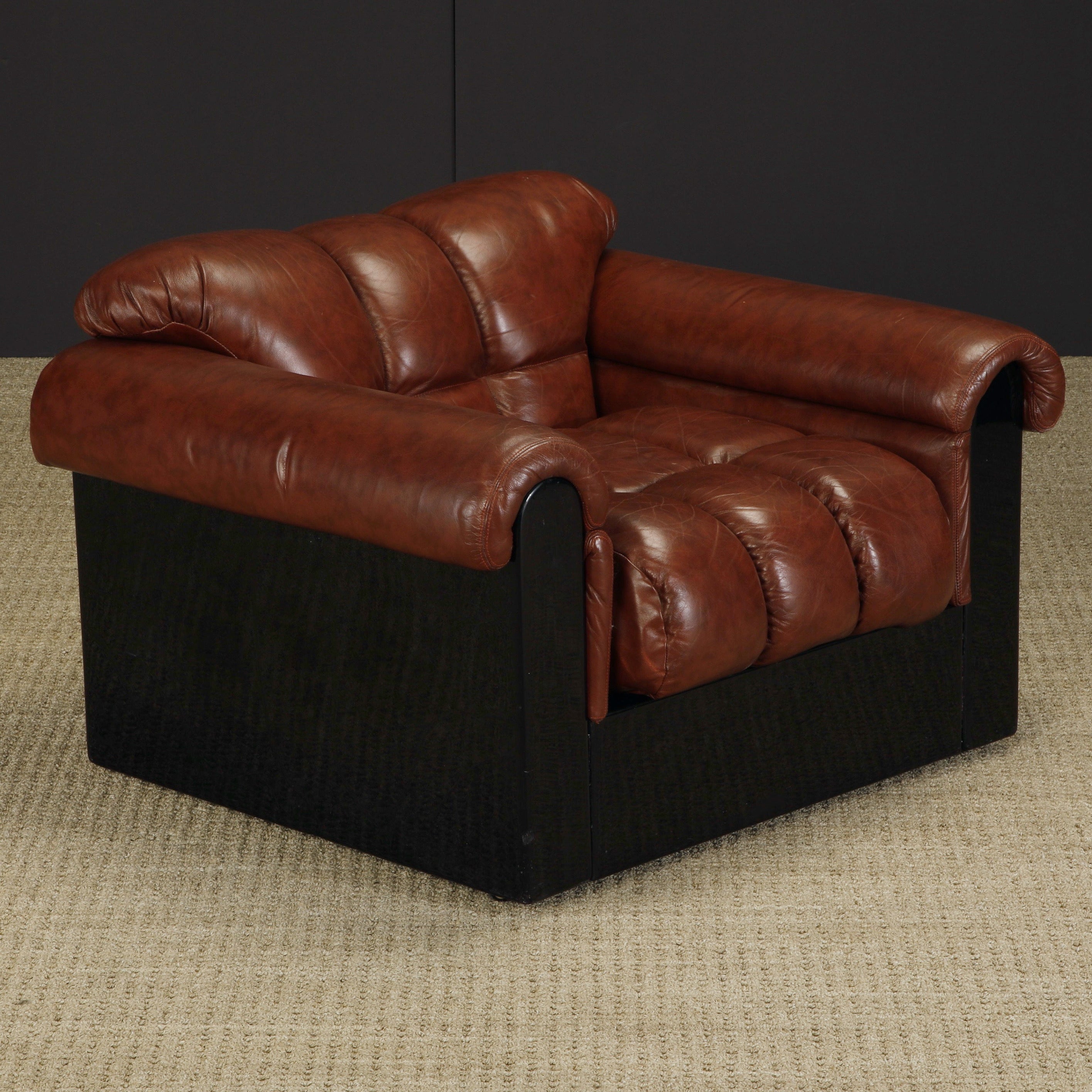 A lovely example of the 'Bounty' series club chair by The Pace Collection in the early 1980s, this deep seated channel-tufted leather lounge chair was designed by L. Davantazi produced by Elam and retailed by The Pace Collection. Perfect for a