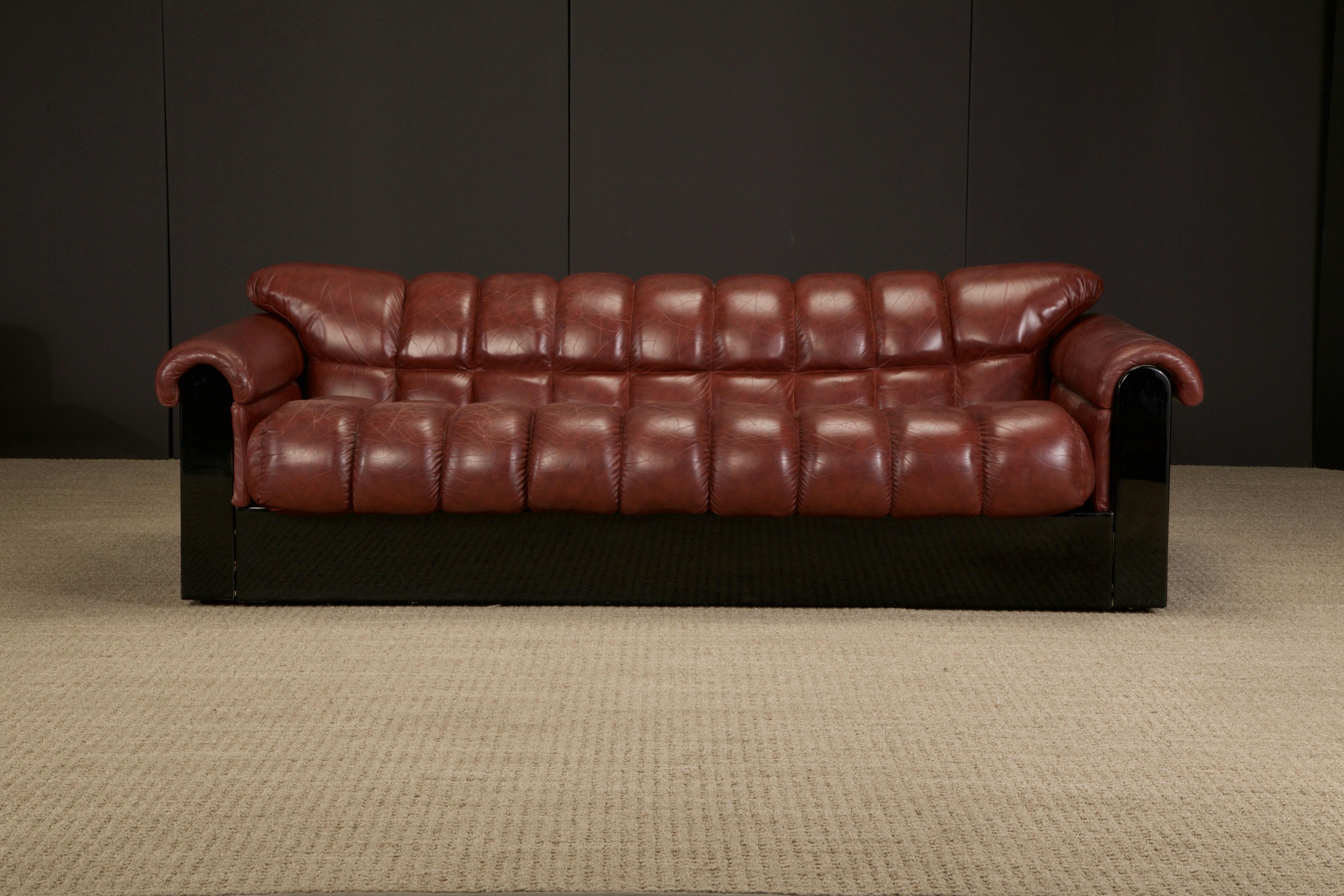 A lovely example of the 'Bounty' series three-seat sofa by The Pace Collection in the early 1980s, this deep seated channel-tufted leather sofa was designed by L. Davantazi produced by Elam and retailed by The Pace Collection. Perfect for a cigar,