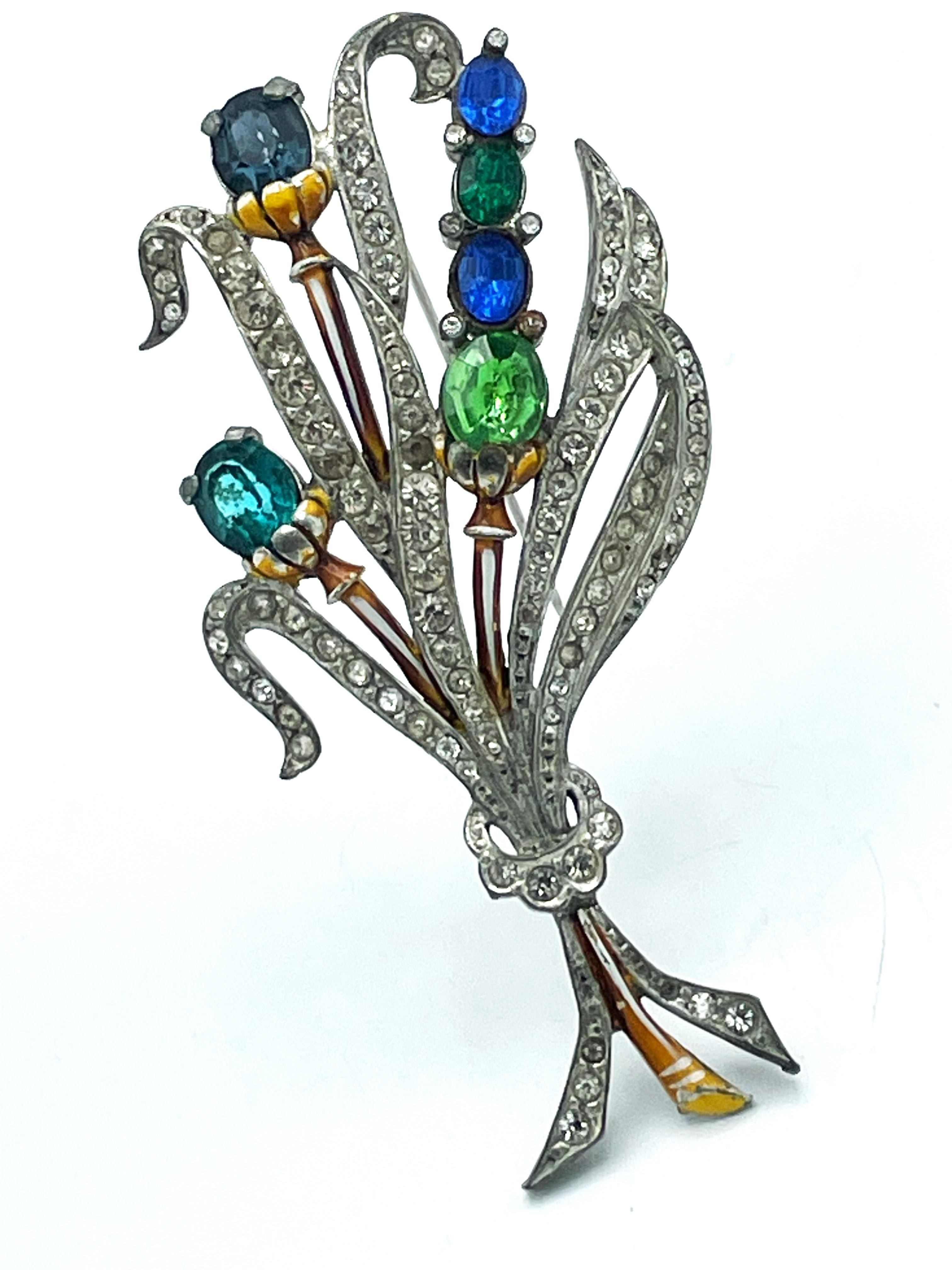 Romantic Bouquet brooch from the 1930/40s with blue, green and clear rhinestones, potash  For Sale