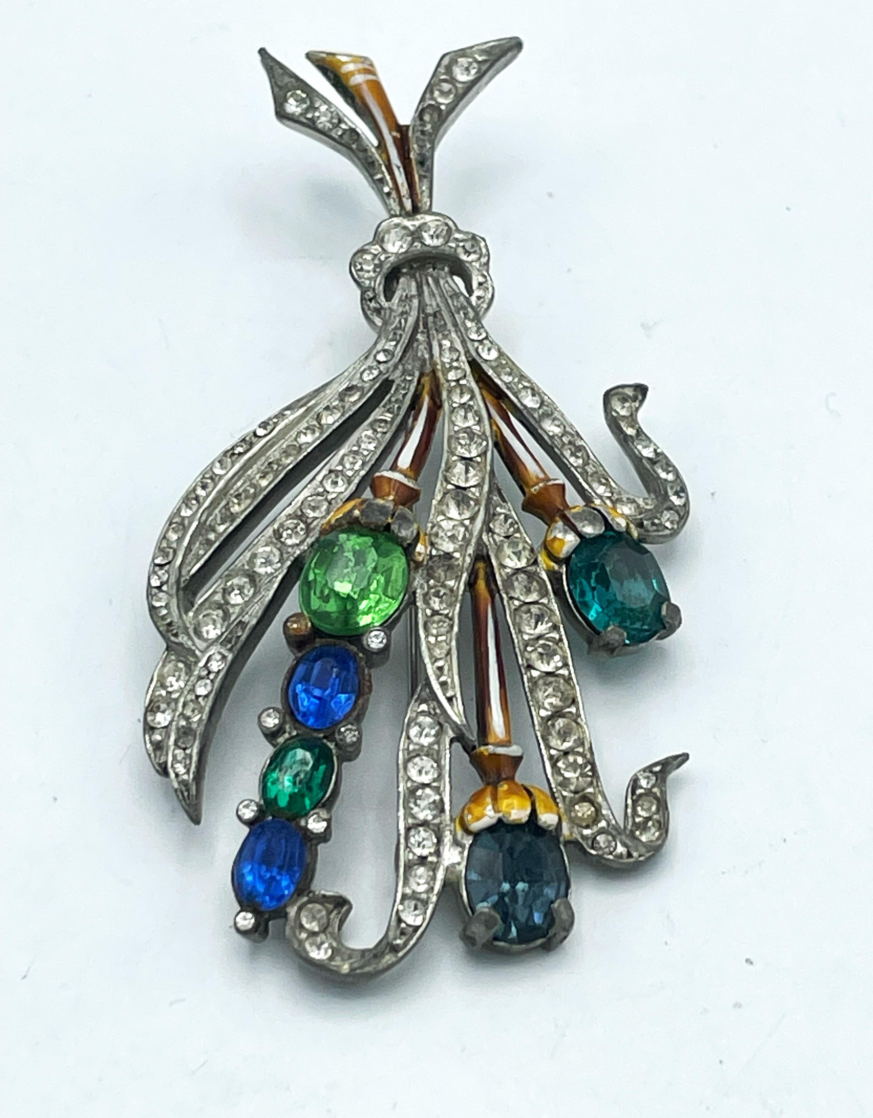 Baguette Cut Bouquet brooch from the 1930/40s with blue, green and clear rhinestones, potash  For Sale